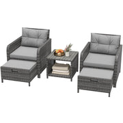5 Piece Wicker Patio Furniture Set with Ottomans and Coffee Table