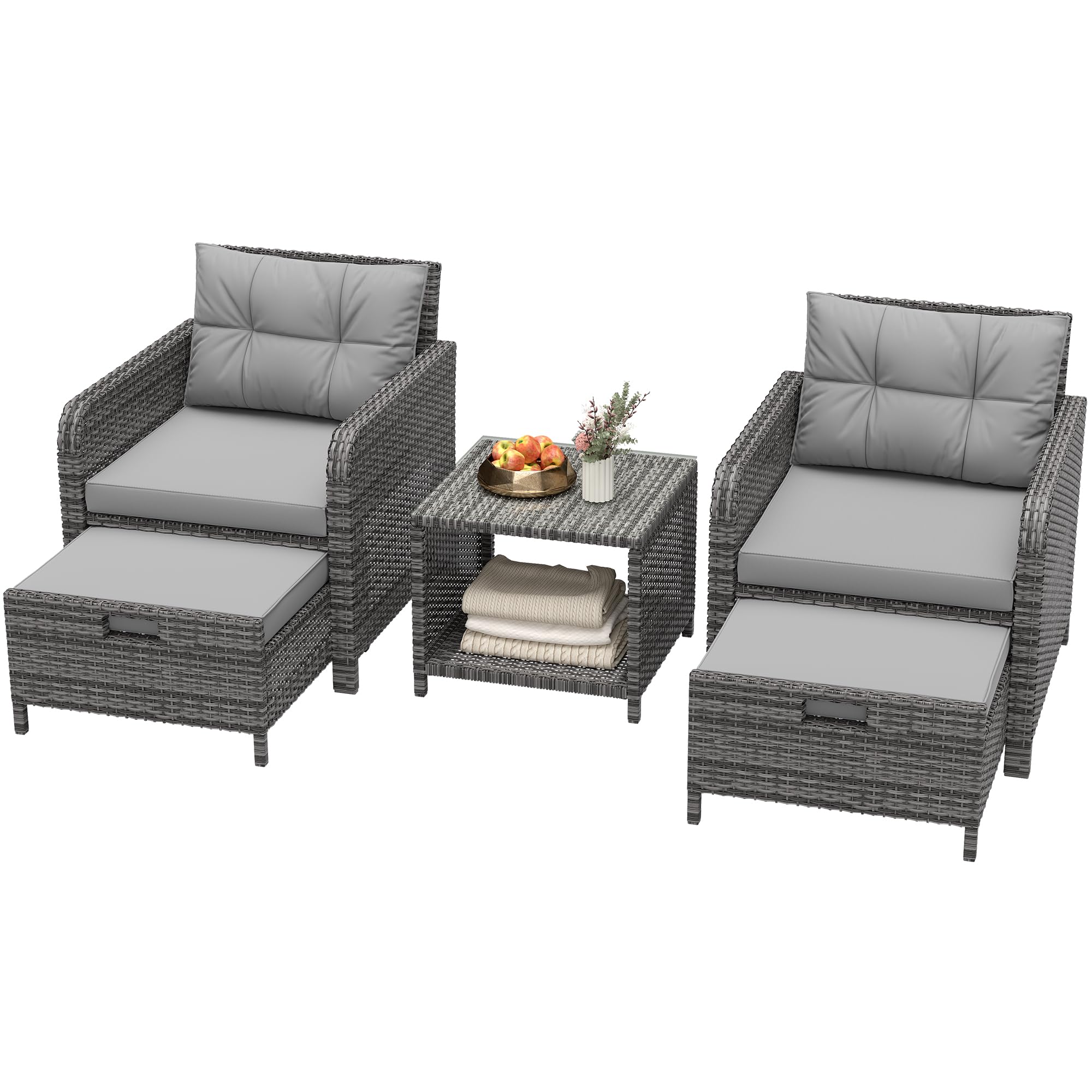 5 Piece Wicker Patio Furniture Set with Ottomans and Coffee Table