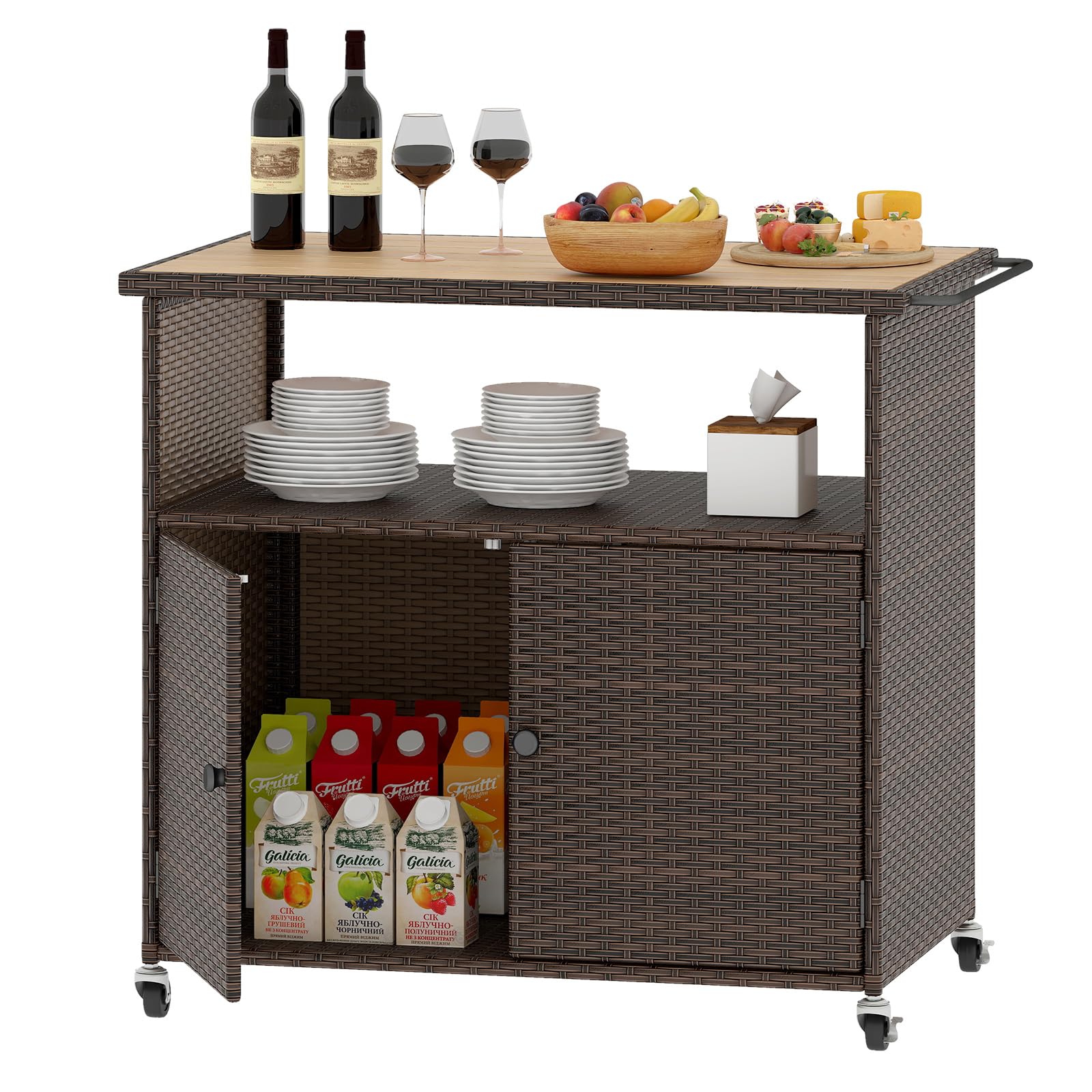 Rattan Outdoor Storage Cabinet with Acacia Wood Countertop
