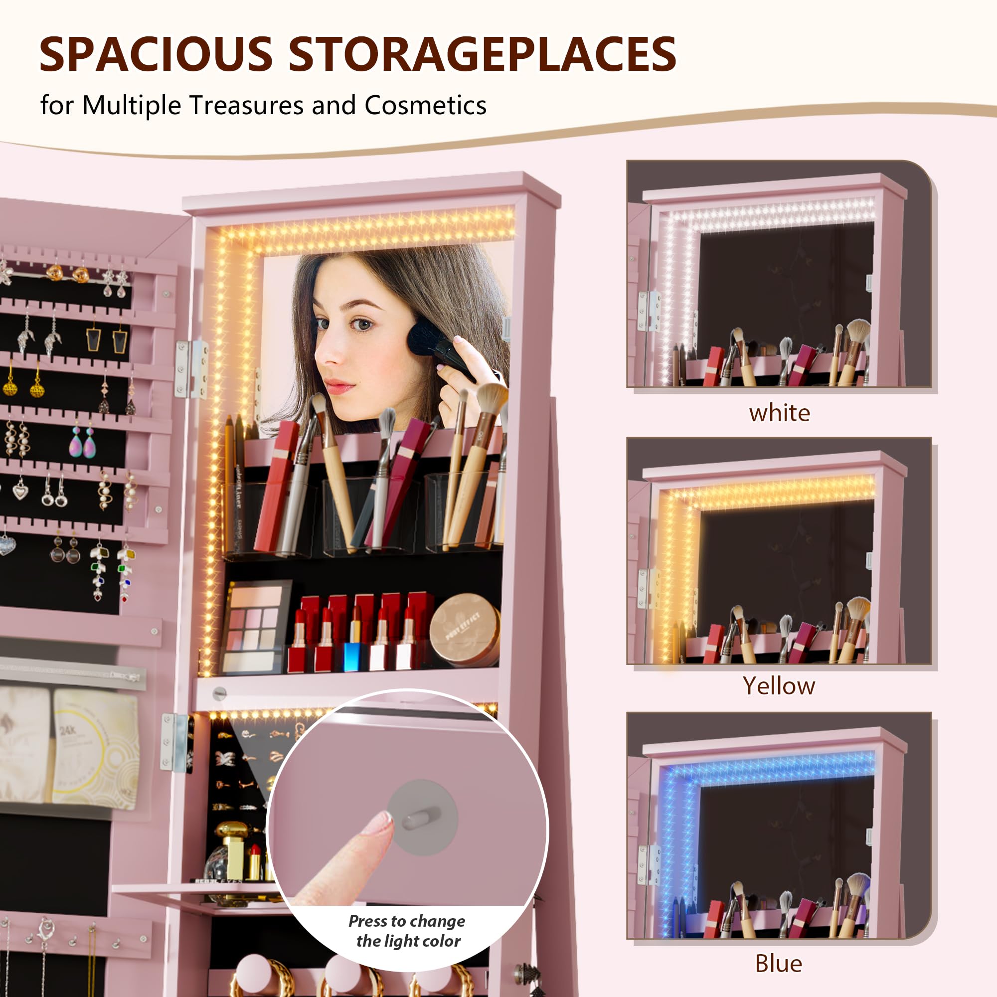 LED Mirror Jewelry Cabinet with 360° Swivel Storage