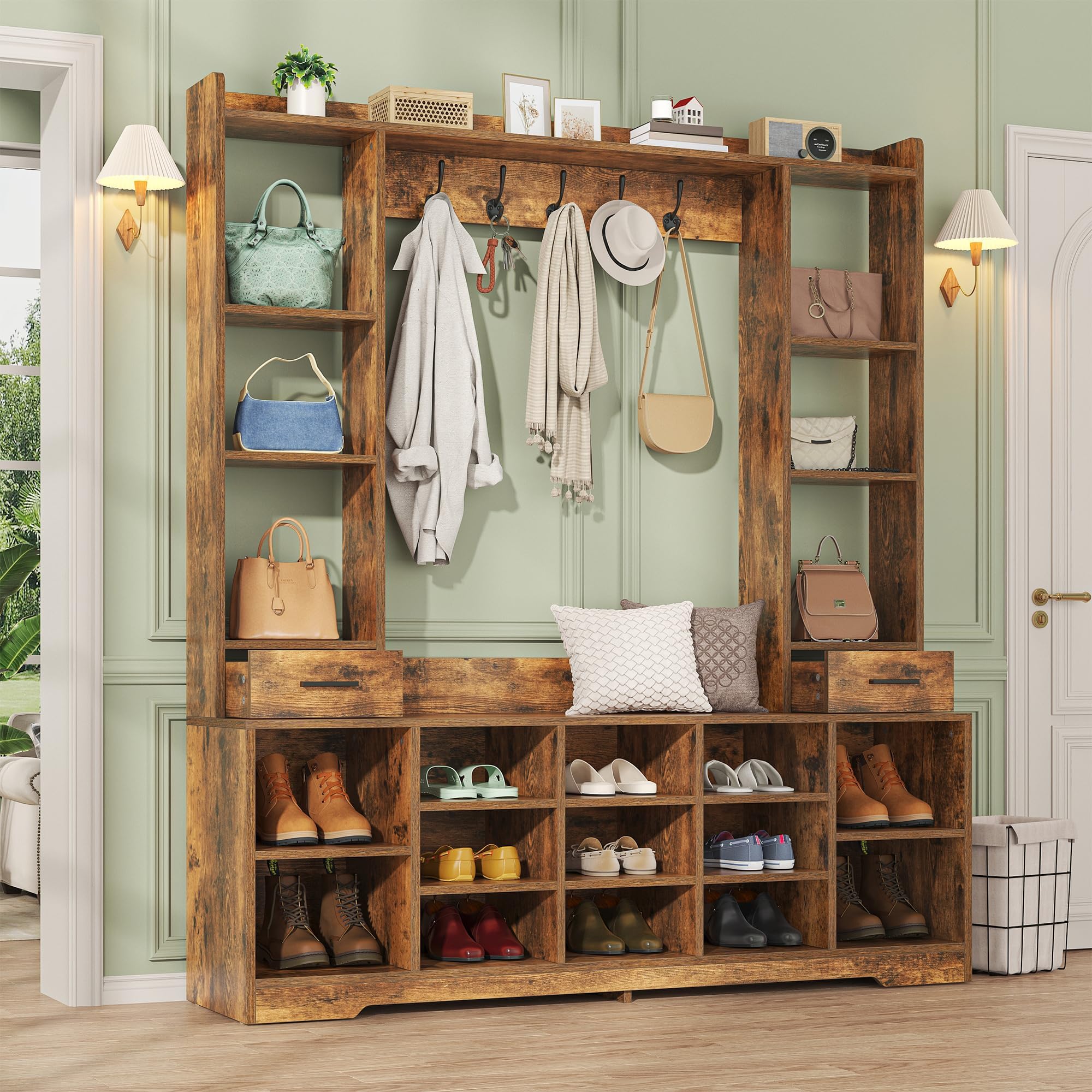 Farmhouse Hall Tree with Shoe Storage