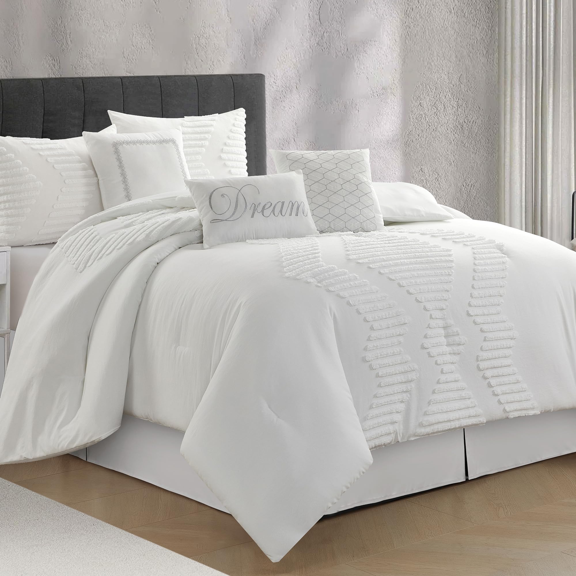 LANCO MODERN LIFESTYLE White Comforter Set 7 Piece, King, Tufted Embroidery Geometric, Ultimate Comfort Bedding Set for All Seasons, Bed in a Bag Included Comforter, Bedskirt, Shams and Decor Pillows