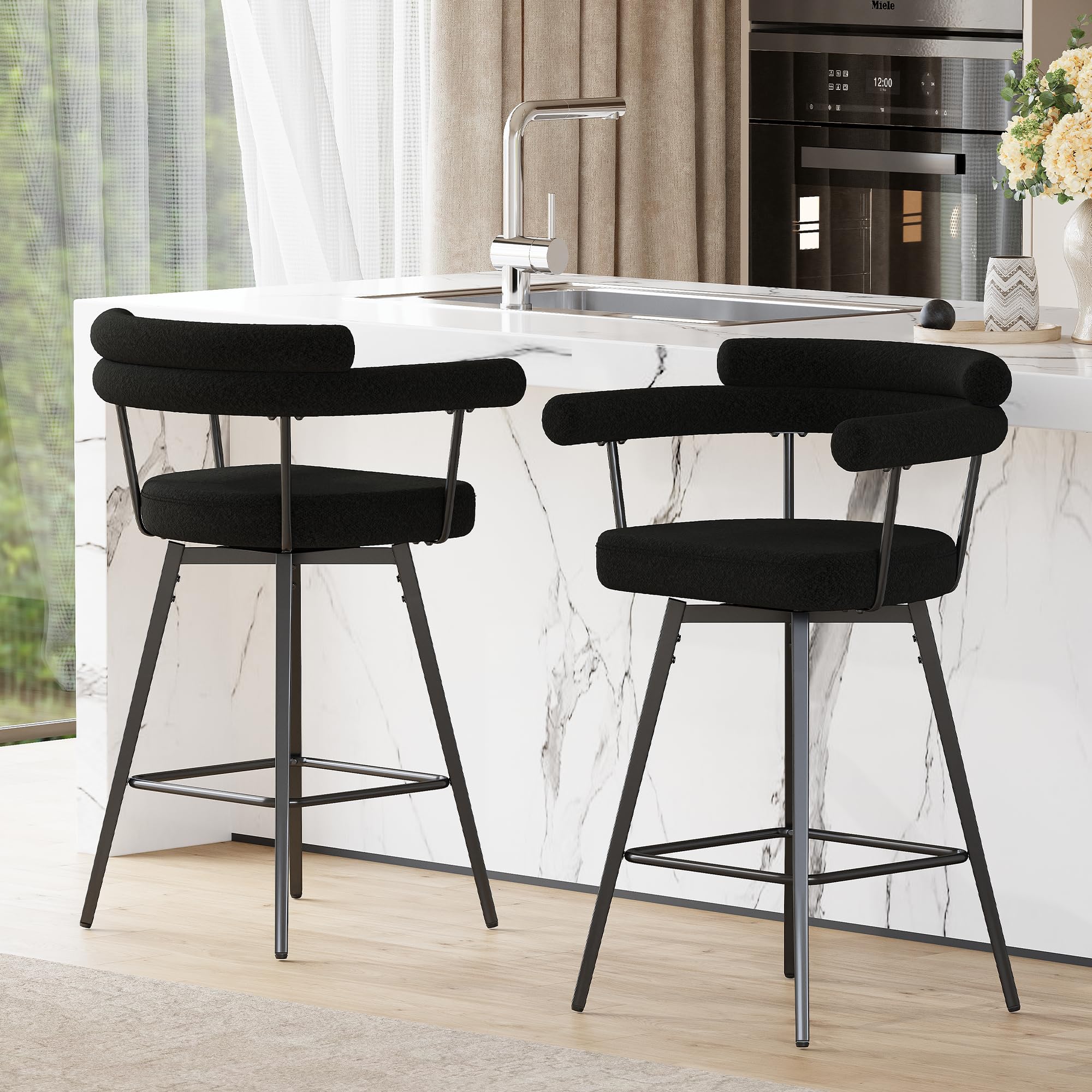 26" Swivel Bar Stools Set of 2 Black Boucle Counter Height
