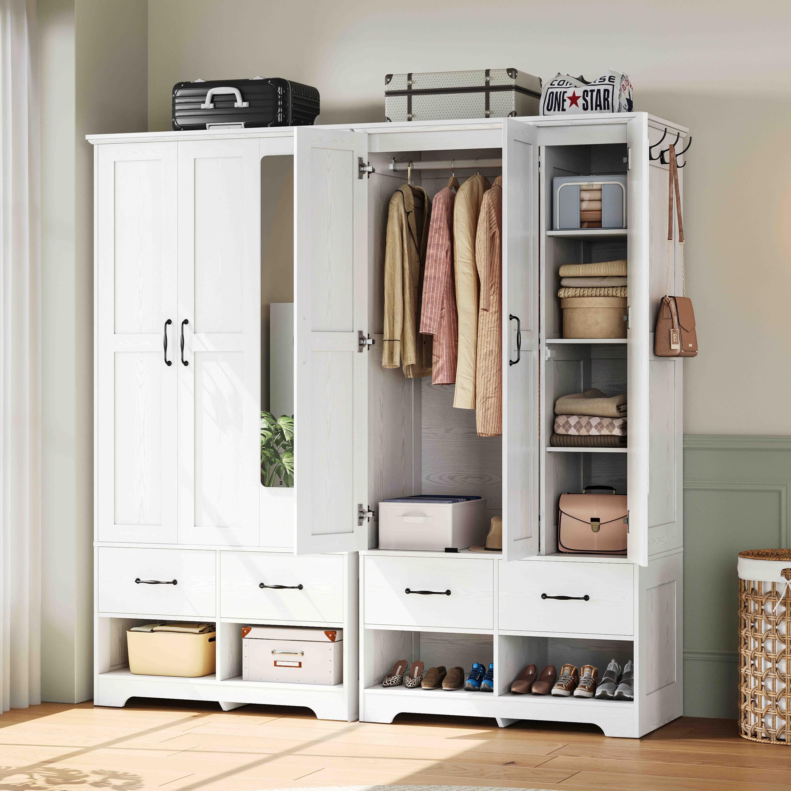 3-Door Armoire Wardrobe Closet with Mirror and Shoe Racks