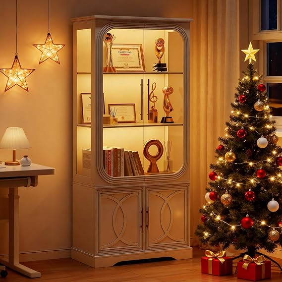 Display Curio Cabinet with Glass Doors and LED Lights