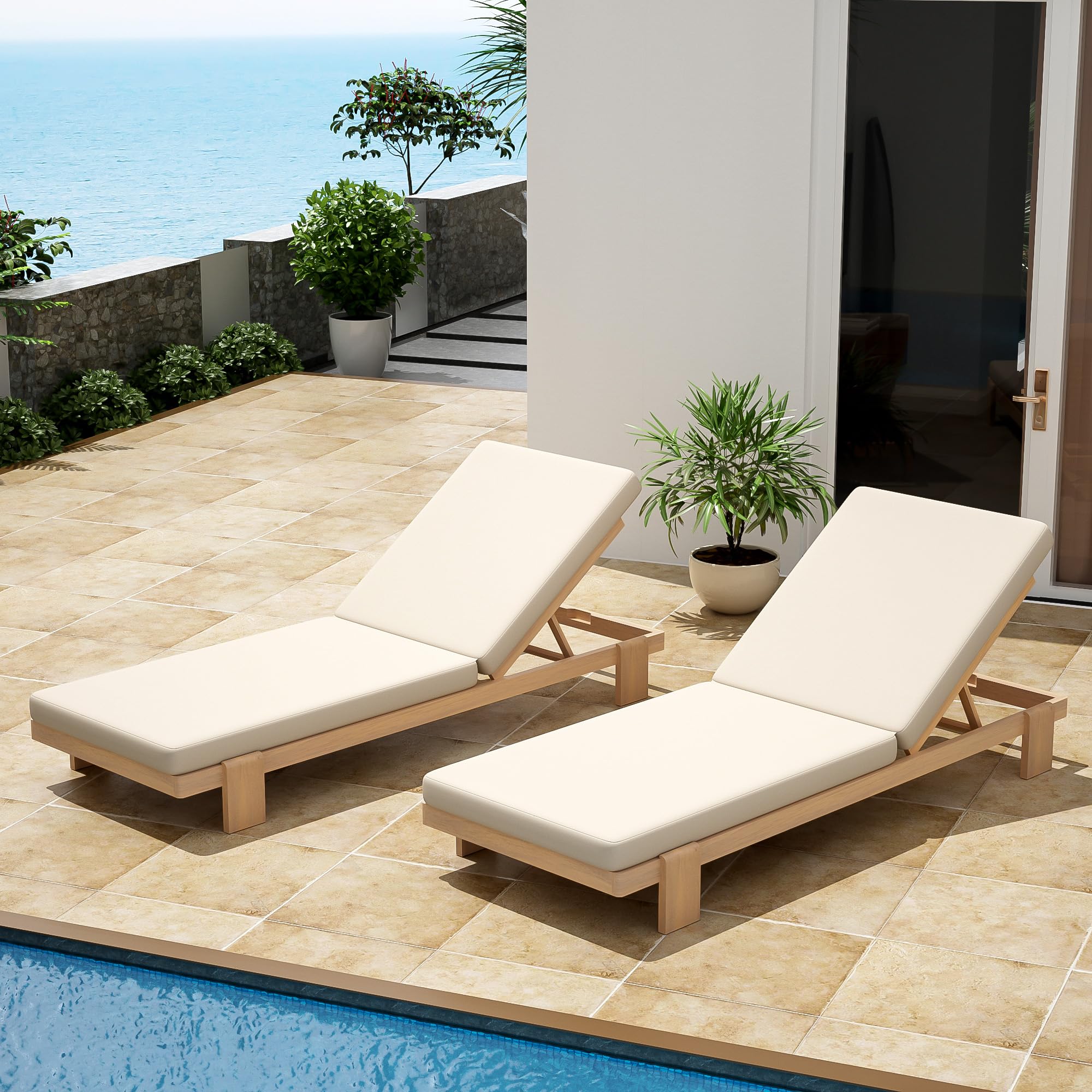Acacia Wood Chaise Lounge Chair Set of 2 with Cushions