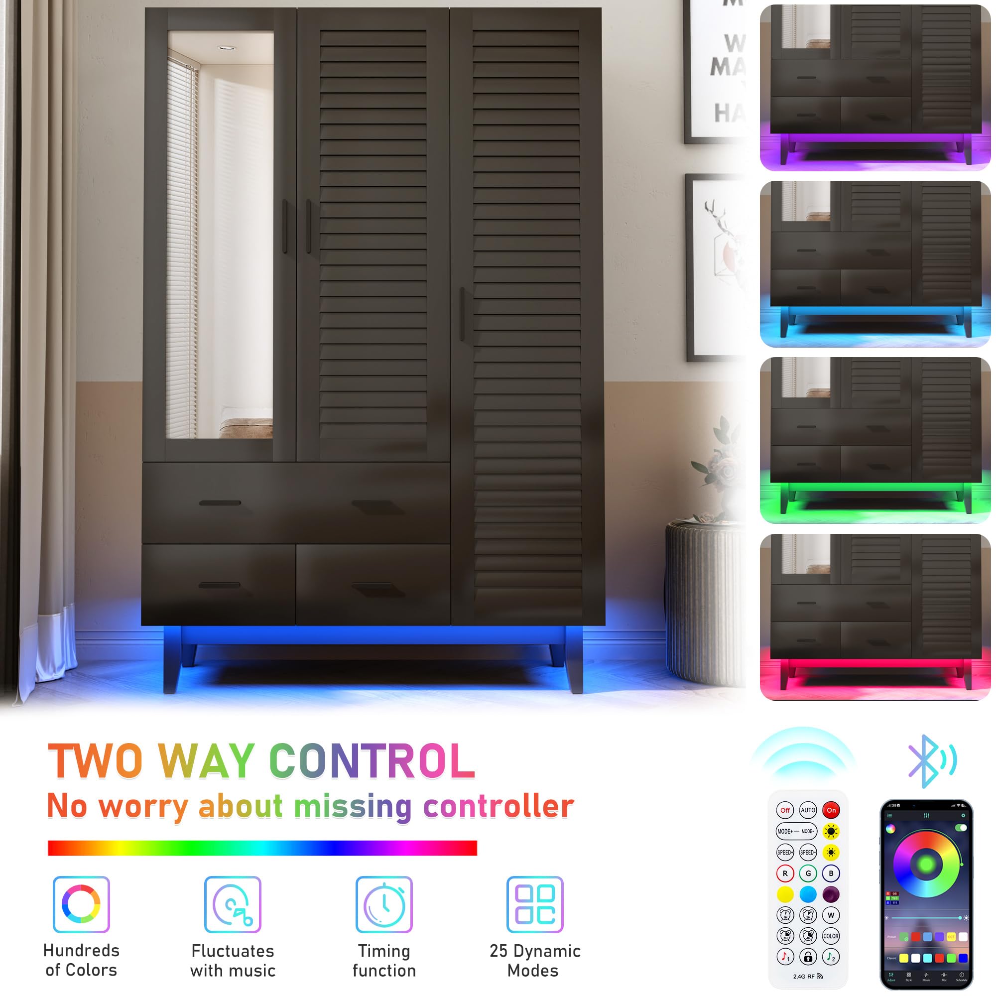 3 Door Armoire Wardrobe with LED Lights and Drawers