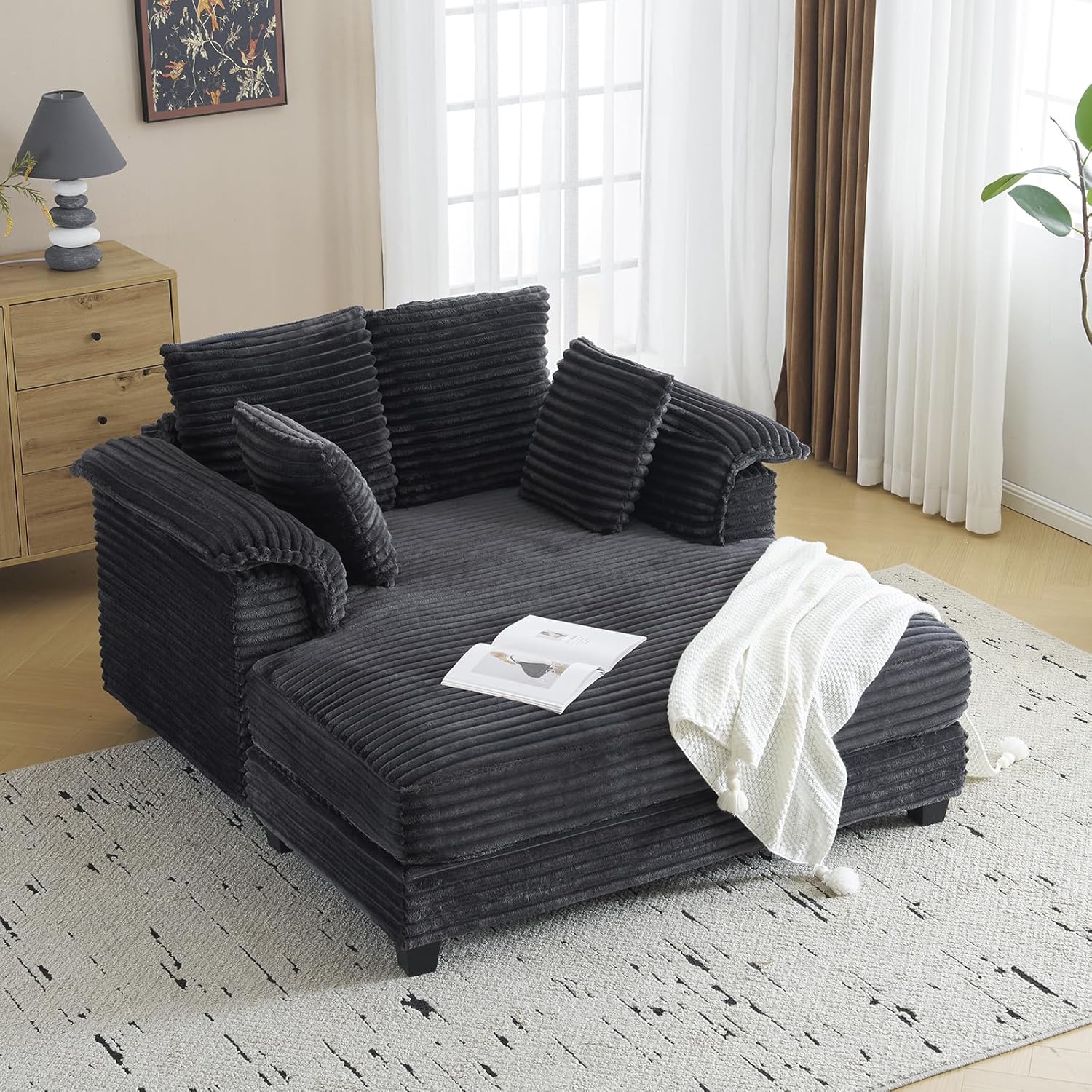 56" Oversized Chaise Lounge Chair - Beige Corduroy Sleeper Sofa