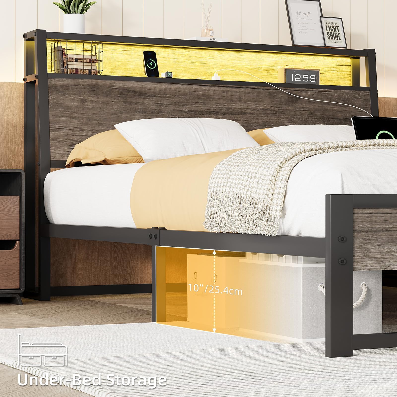 Twin Metal Bed Frame with LED Lights and Charging Station
