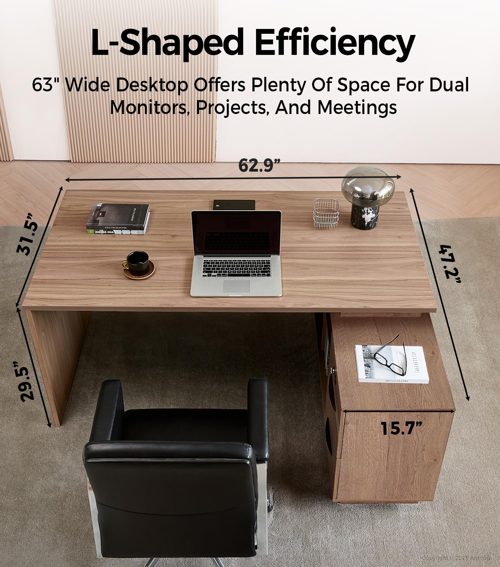 63" Reversible L-Shaped Executive Desk with Drawers and File Cabinet