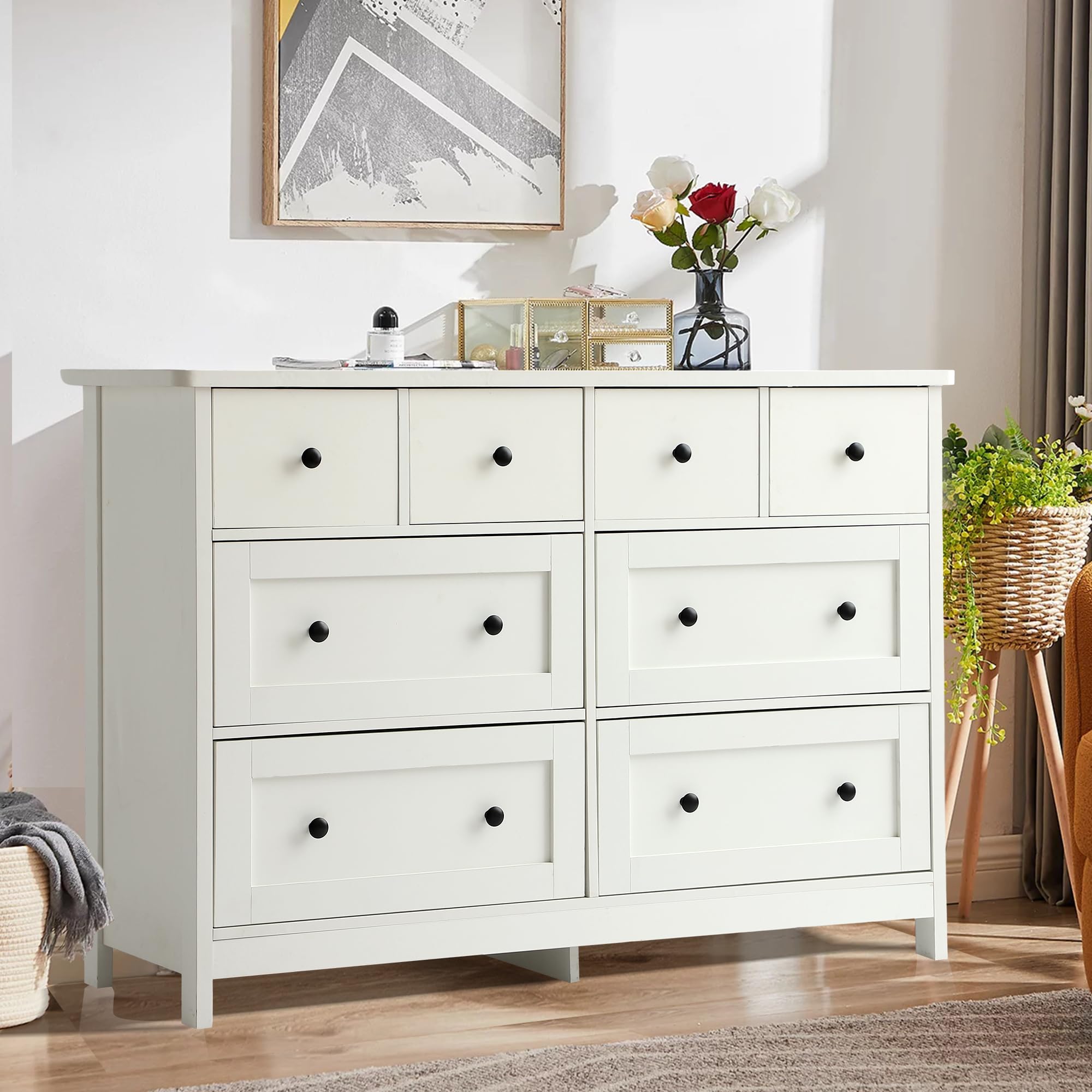 8 Drawer Dresser 47" Wooden Chest with Metal Knobs White