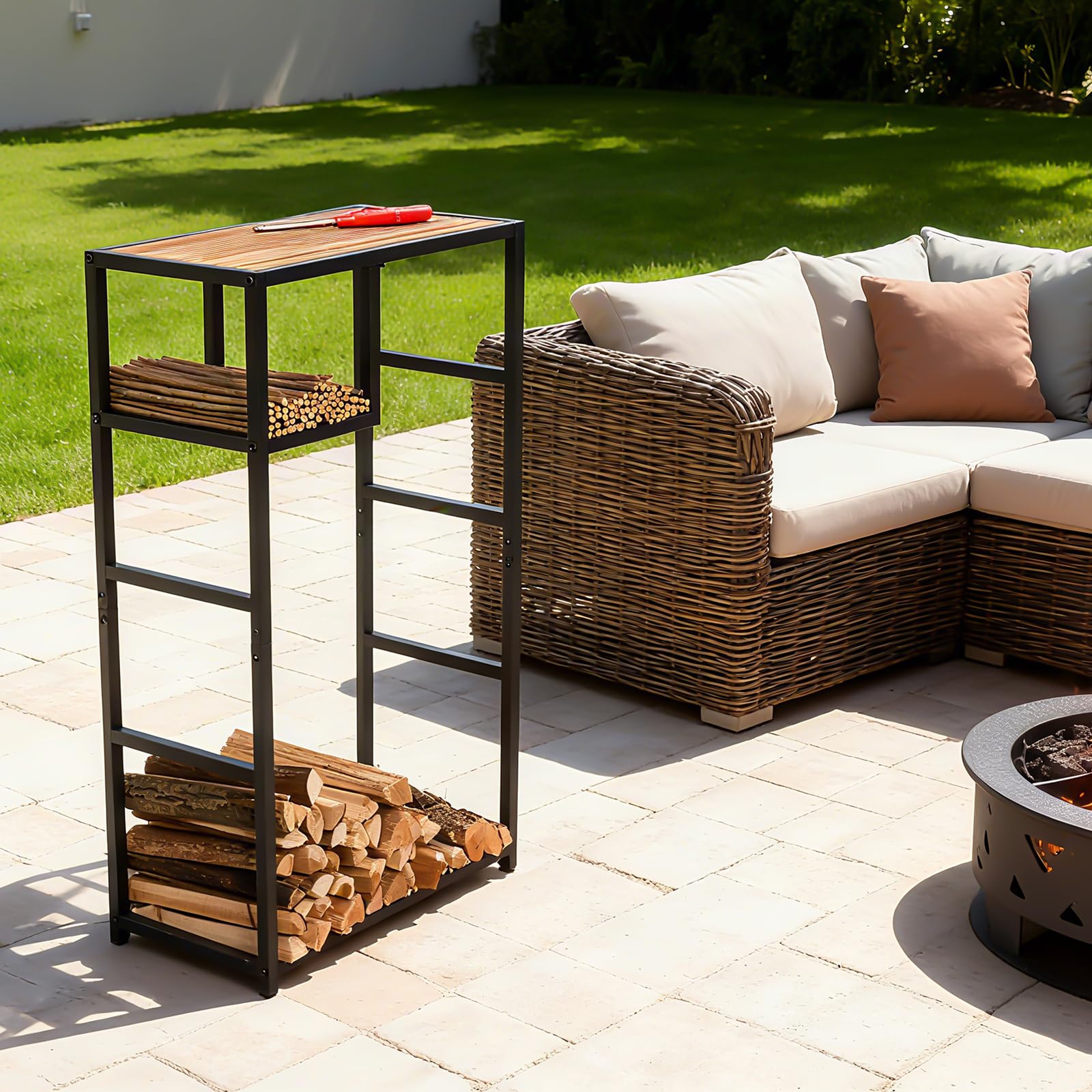 Indoor Firewood Rack with Storage Shelf