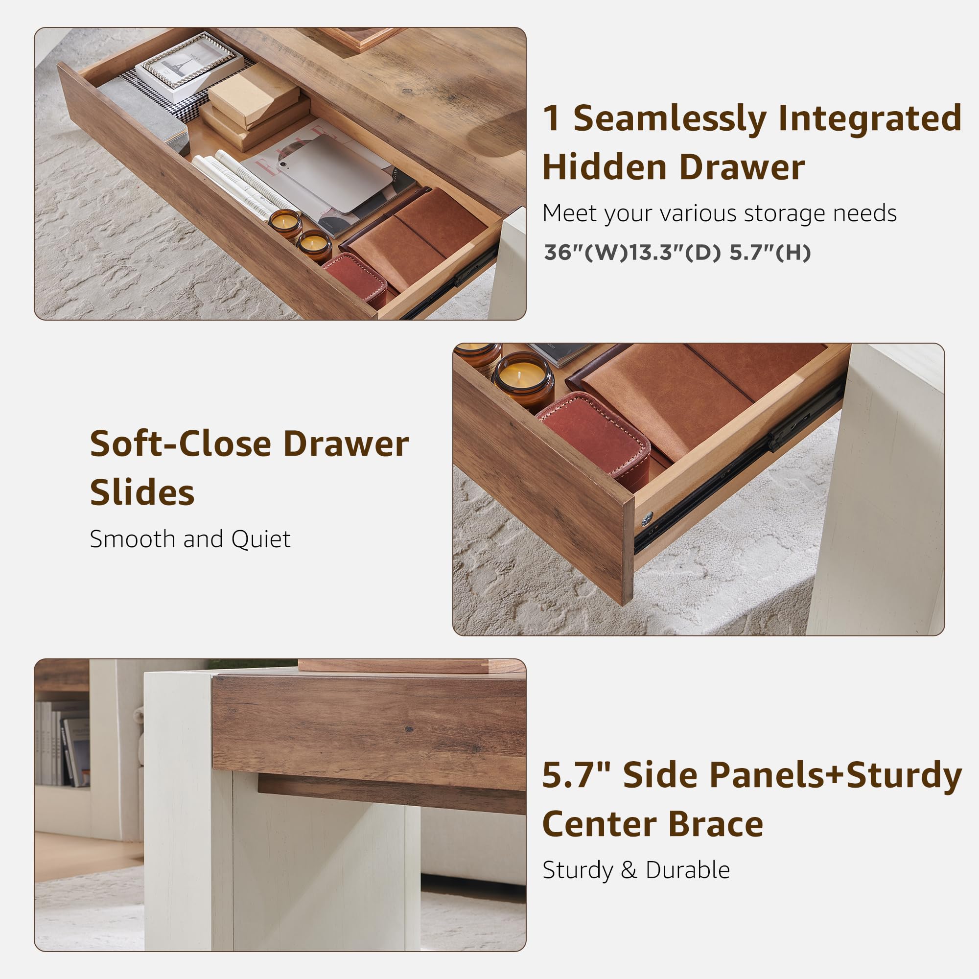 OKD 48" Modern Farmhouse Coffee Table, Wooden Living Room Table with Hidden Storage Drawer, Rustic Rectangular Center Tables with Wood Thick Design for Living Room, Office, Antique White