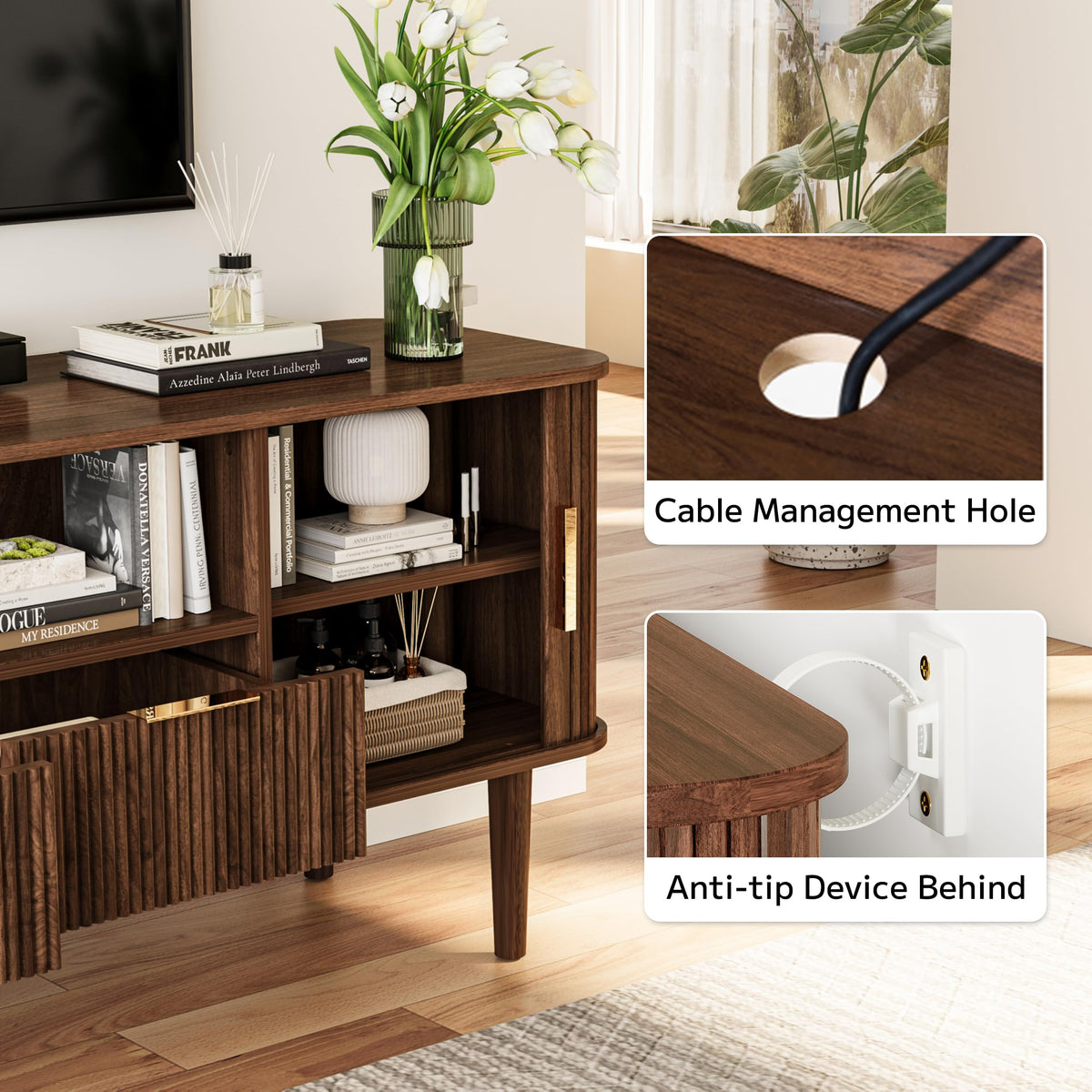 62.4 Inch Fluted TV Stand with Sliding Tambour Door