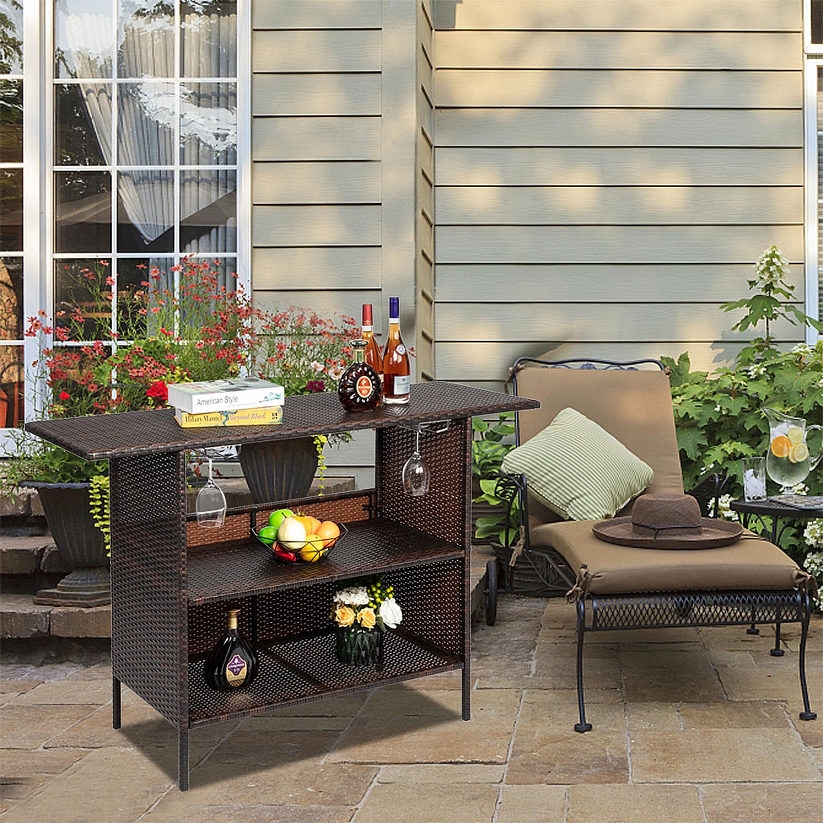 Outdoor Bar Counter Table with Storage Shelves and Wine Racks