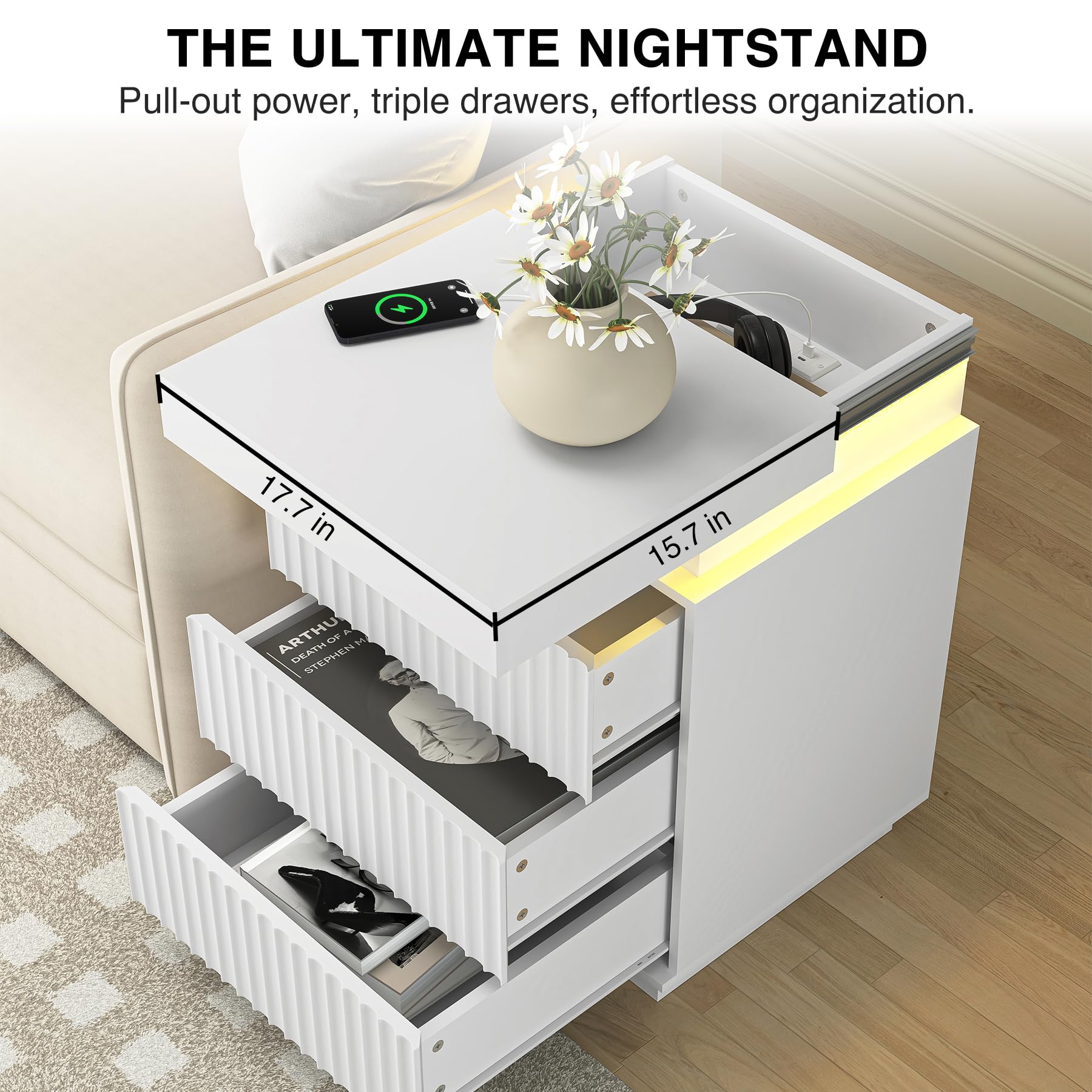 LED Nightstands with Charging Station and Sliding Top