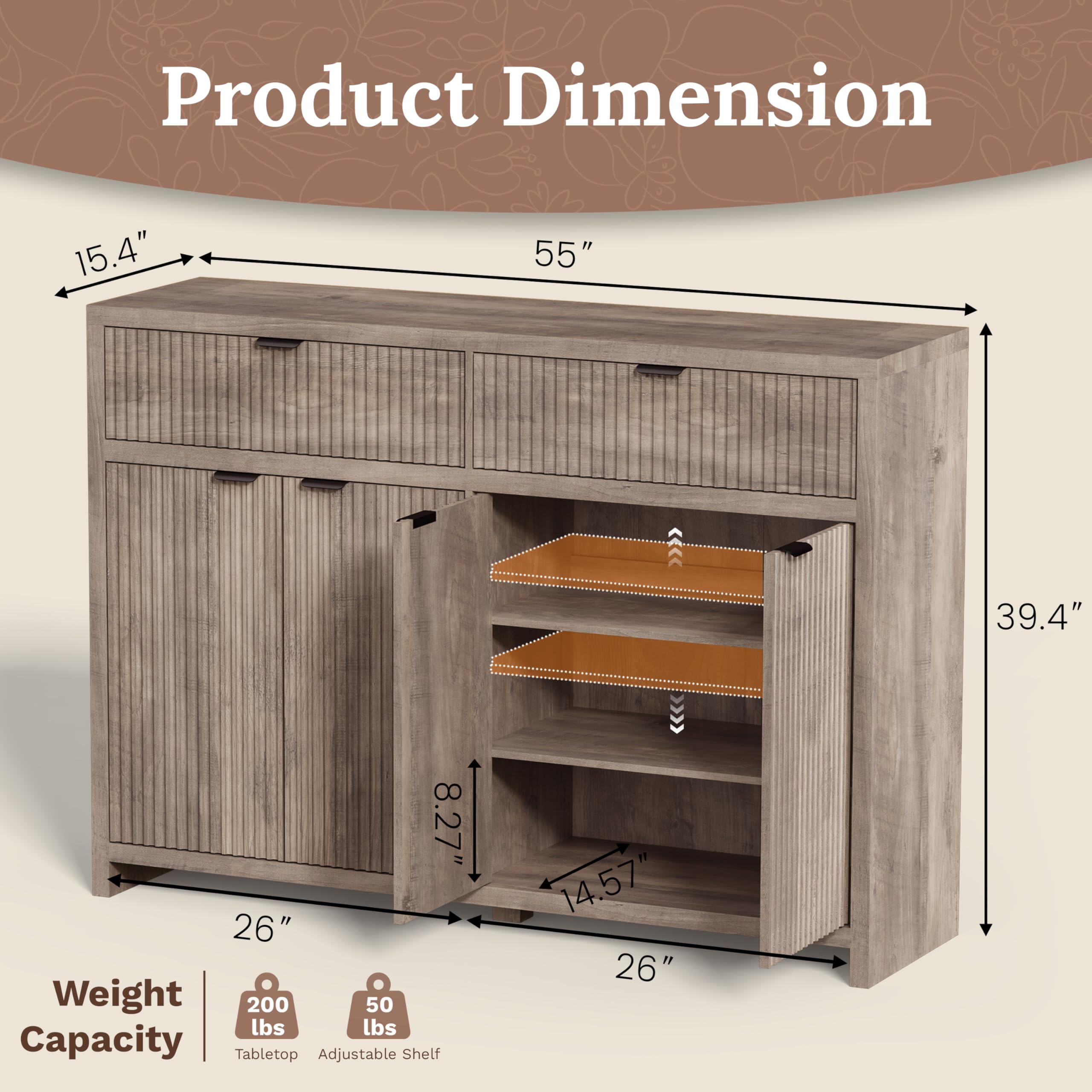 Fluted Sideboard Buffet Cabinet with Storage Drawers