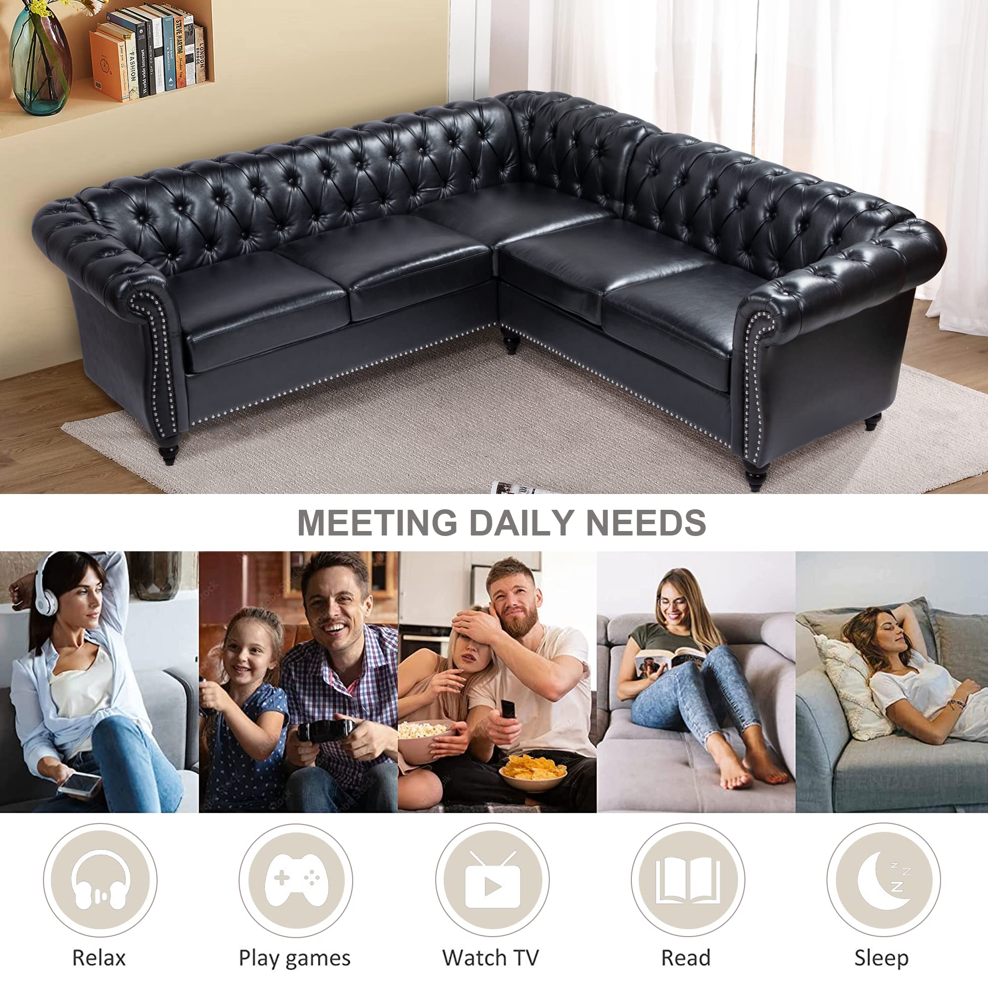 Chesterfield L-Shaped Sectional Sofa 5-Seater Black