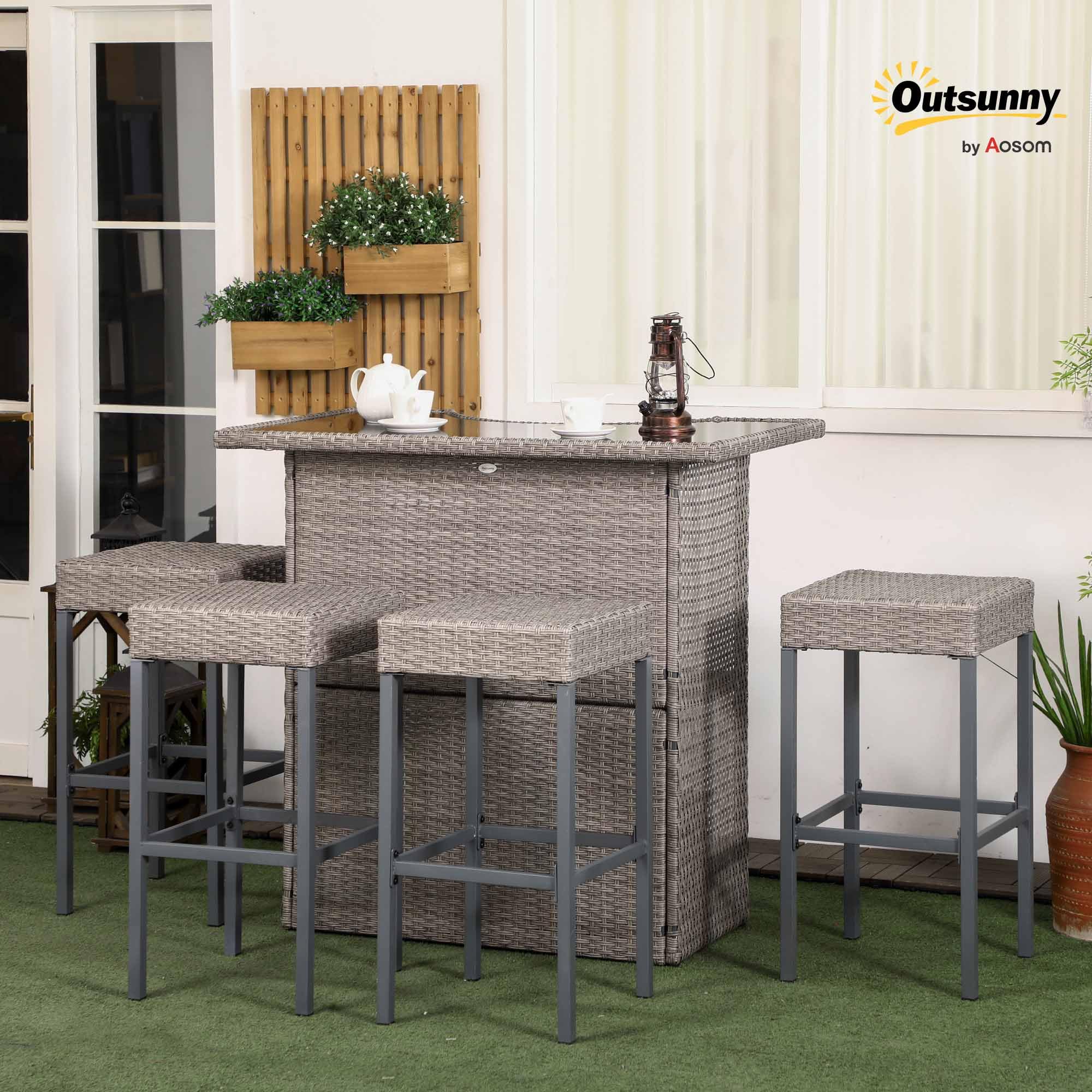 5 Piece Wicker Outdoor Bar Set with Glass Top