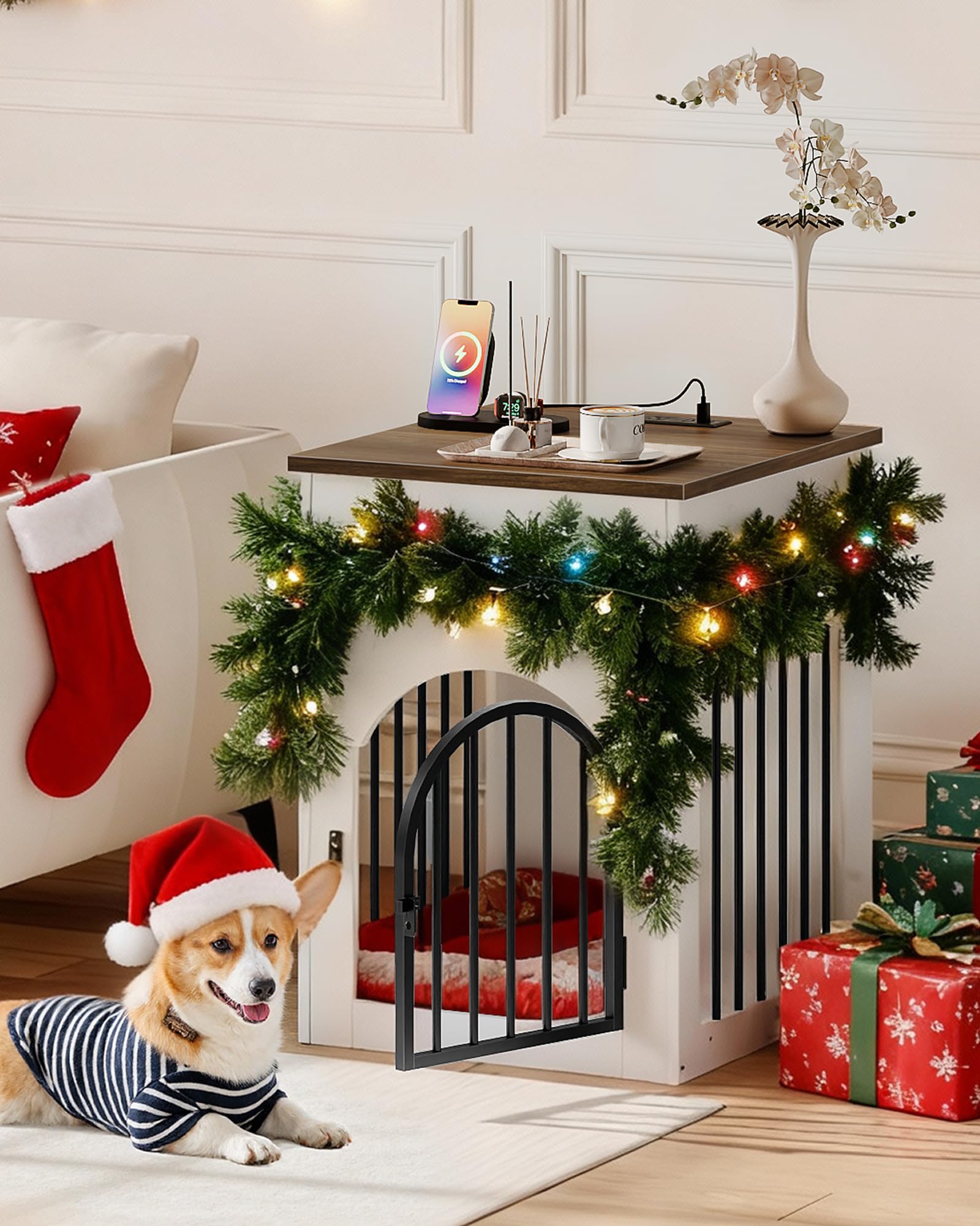 Wooden Dog Crate Furniture with Charging Station and Storage Drawer