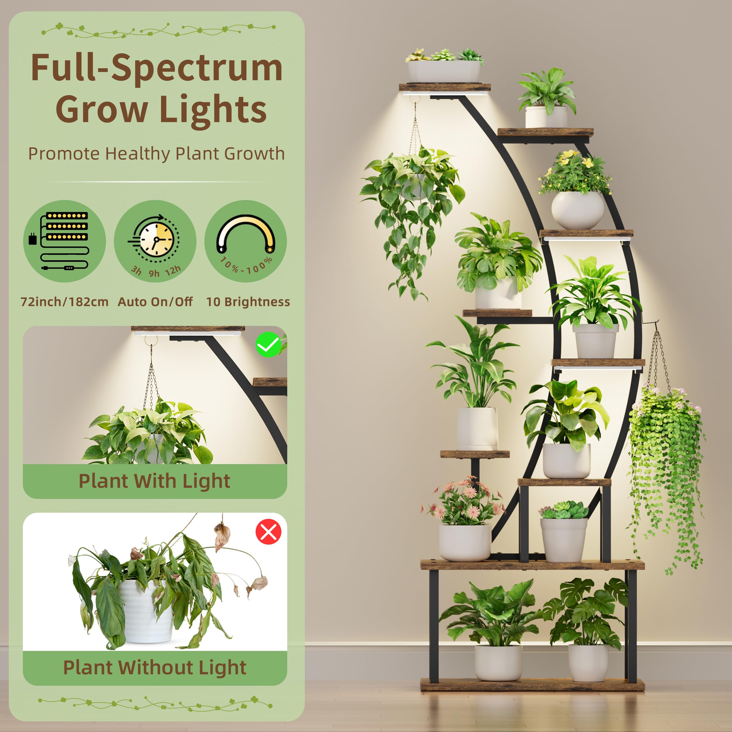 9-Tier Plant Stand with Grow Lights 63" Tall