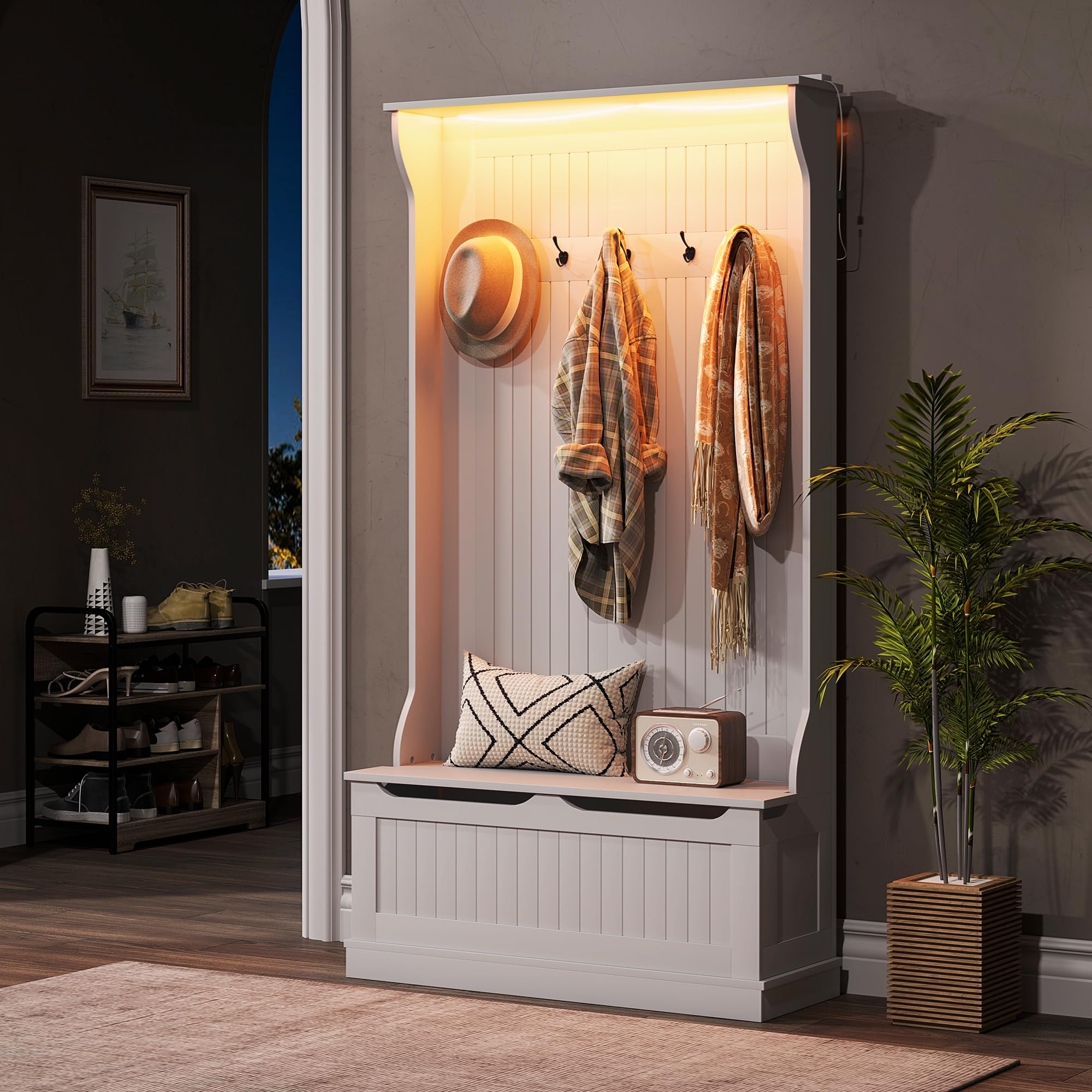 3-in-1 Hall Tree with LED Lights and Shoe Storage Bench
