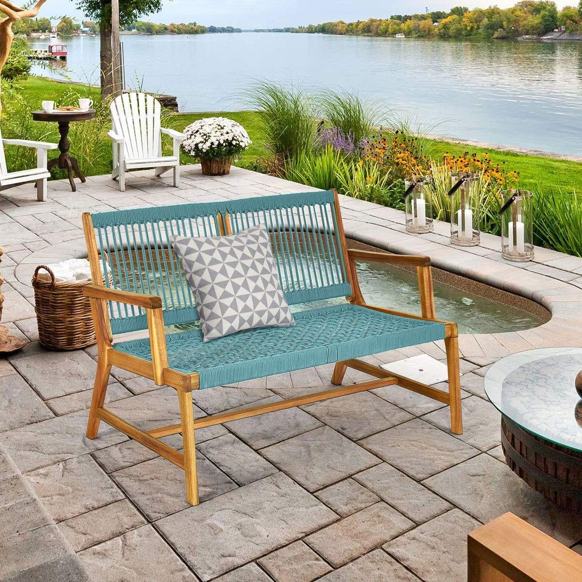2-Person Acacia Wood Loveseat Bench