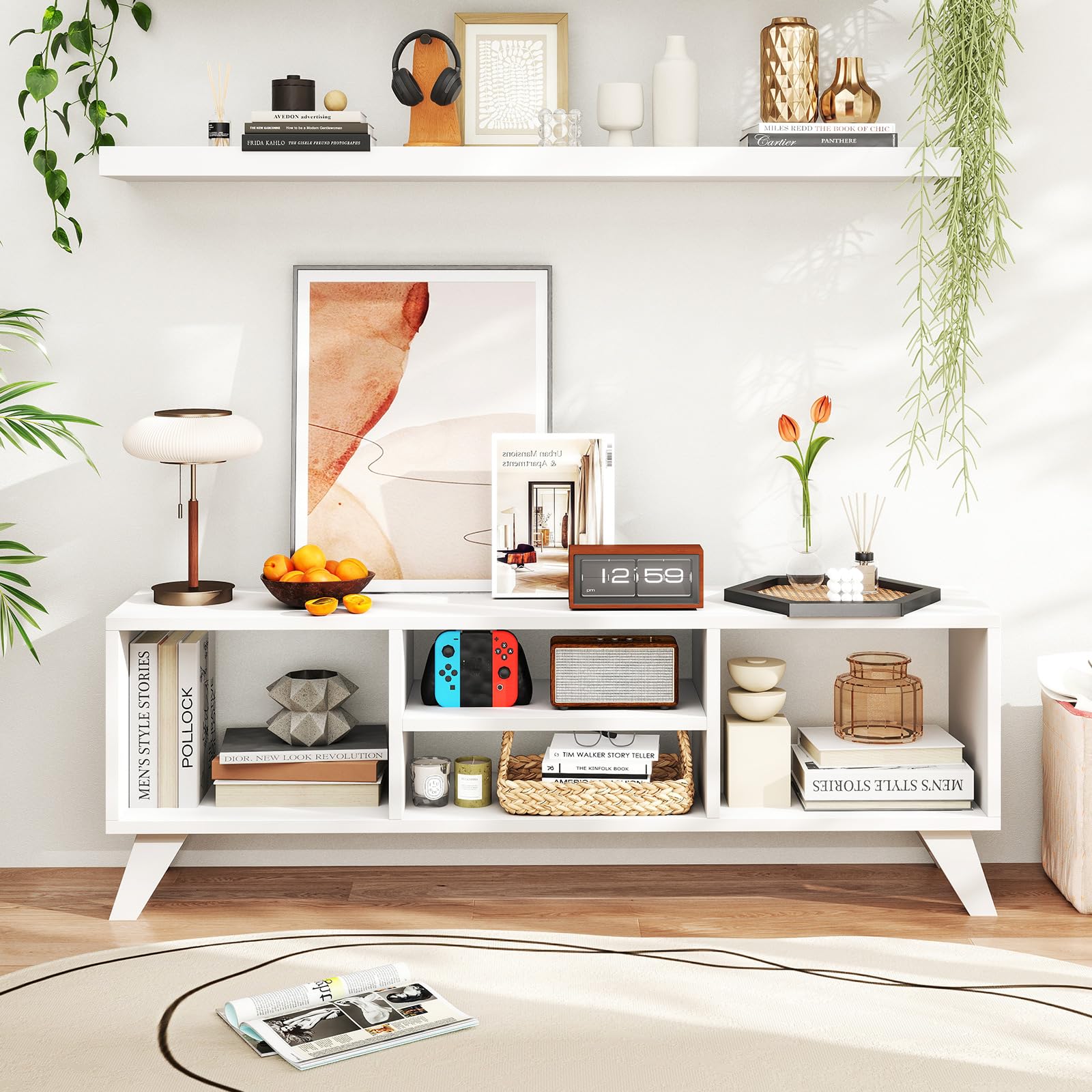 White TV Stand for 55 Inch TVs with 4 Open Compartments