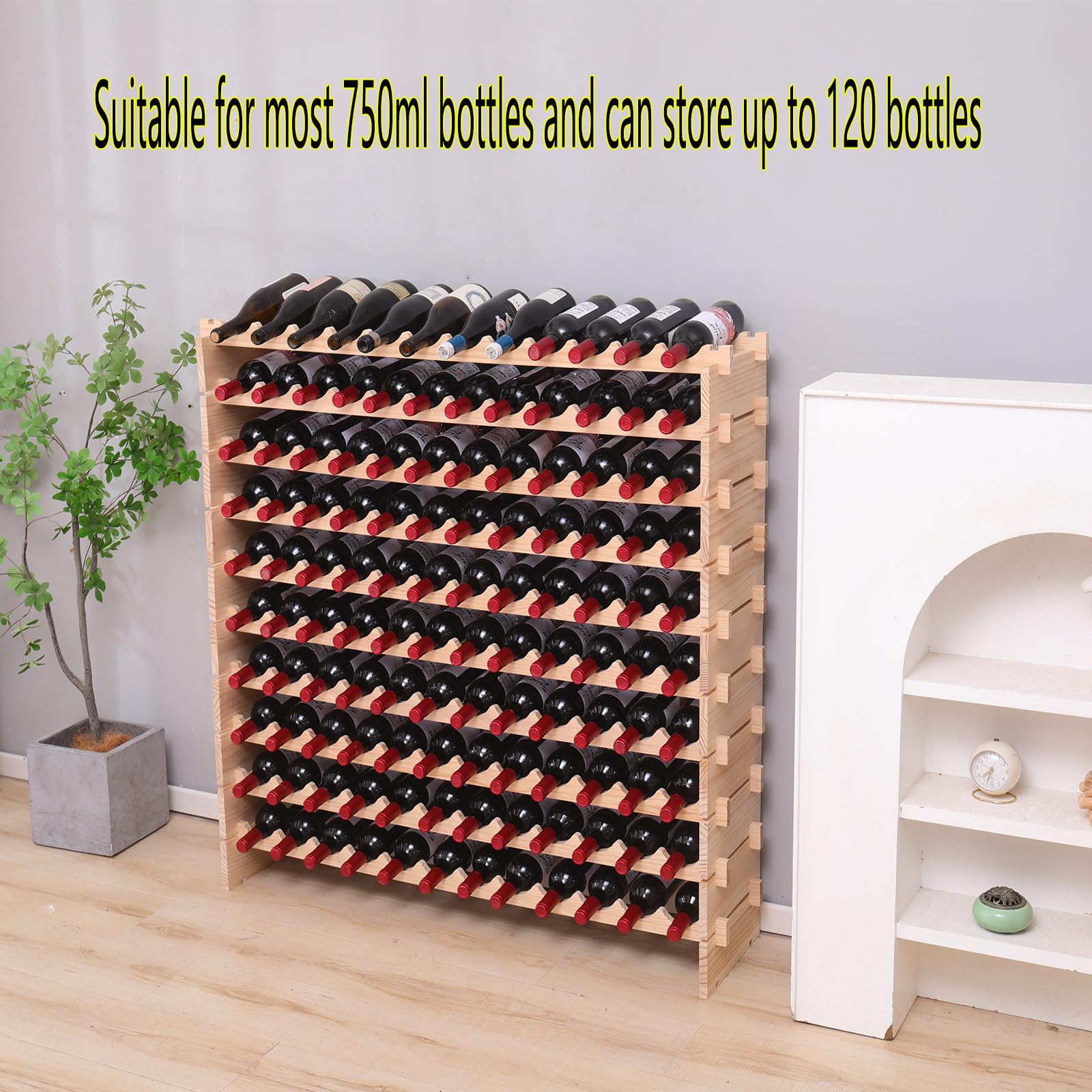 120 Bottle Pine Wine Rack Cabinet Floor Standing Stackable Storage Display