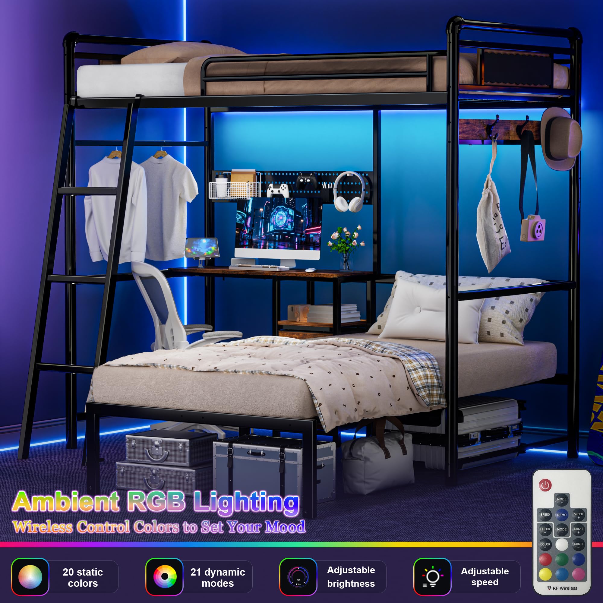 Twin Over Twin Metal Bunk Bed with LED Lights and Charging Station