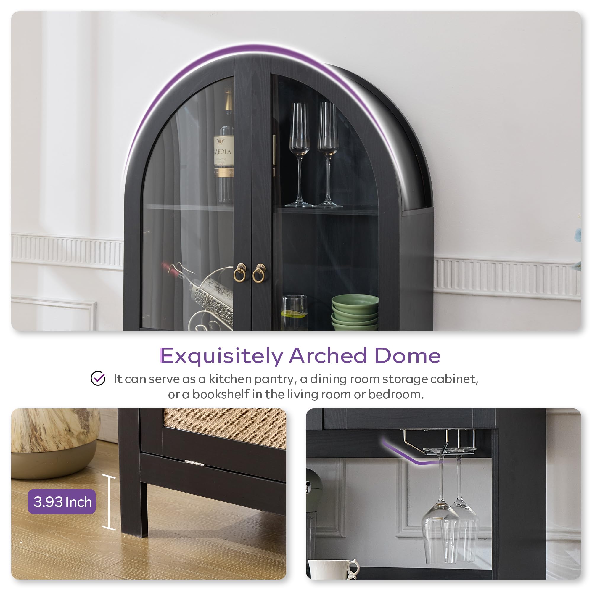 75" Tall Arched Pantry Cabinet with Glass Door