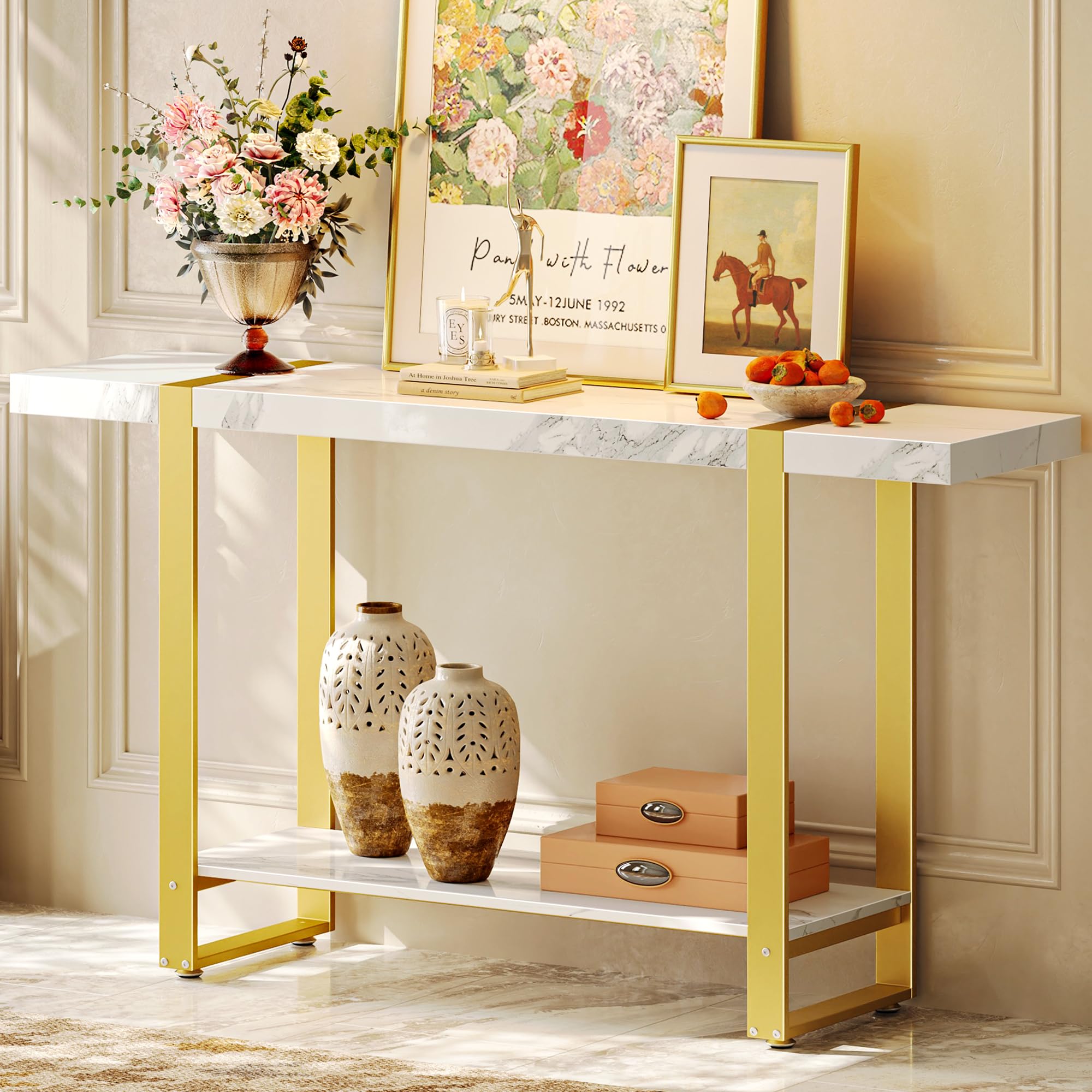 47.2 Inch Marble Top Console Table with Storage