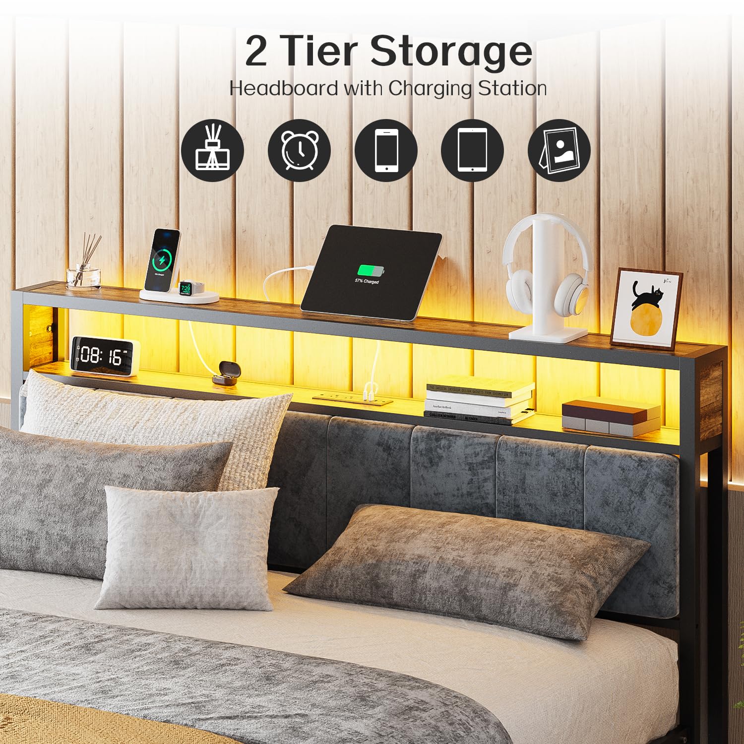 King Bed Frame with LED Headboard and Charging Station