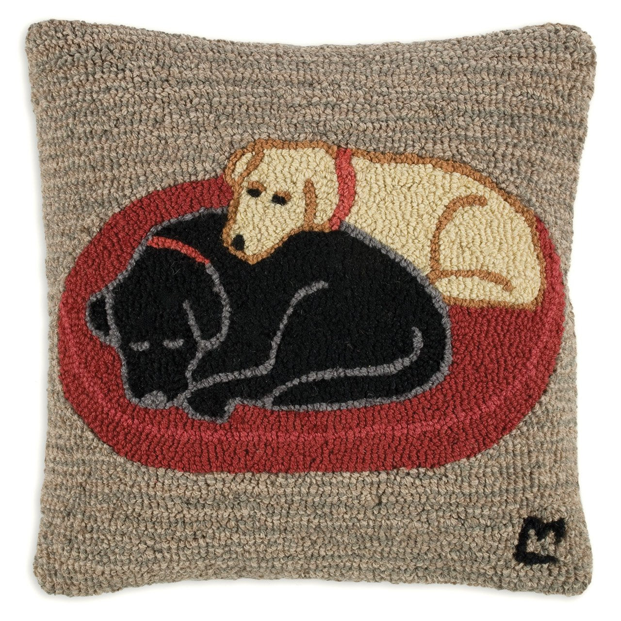 Hand-Hooked Wool Throw Pillow with Sleeping Labs Design
