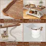 Function Home Farmhouse Coffee Table, 2-Tier Center Table with Storage Shelf, 39.8" French Country Rectangle Accent Table with Natural Tray Top and Curved Legs for Living Room Balcony, Vintage White