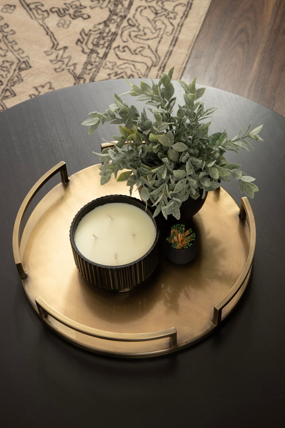 Round Serving Tray with Metal Handles - 16 Inch Diameter Antique Brass