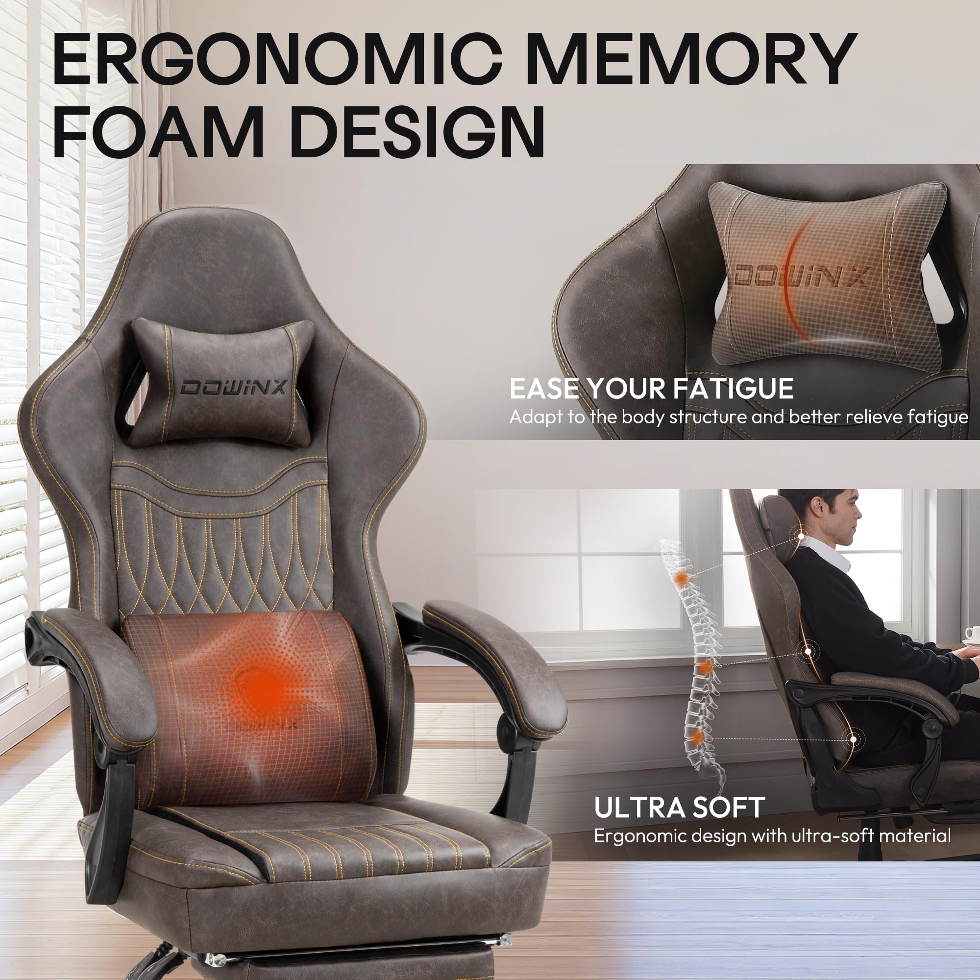 Ergonomic Gaming Chair with Massage Lumbar Support and Footrest