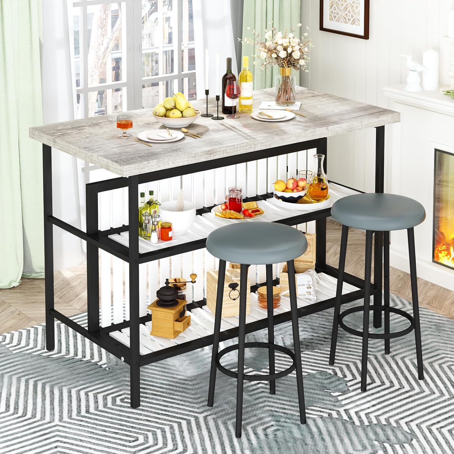 3 Piece Counter Height Bar Table Set with Storage