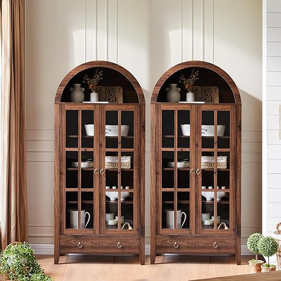 Arched Cabinet with Glass Doors and Adjustable Shelves