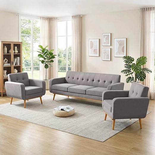 Button Tufted Living Room Set - 3 Piece Upholstered Sofa Collection