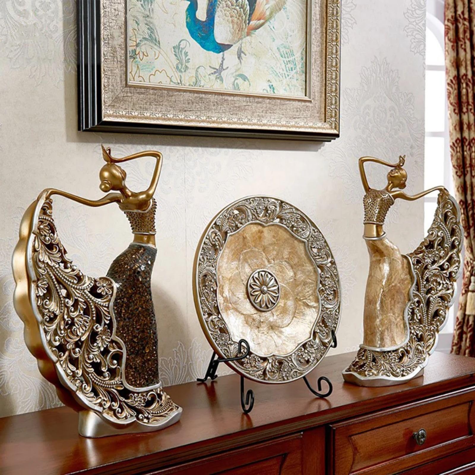 3-Piece Peacock Dancer Figurines Set - Vintage Resin Sculpture Ornaments