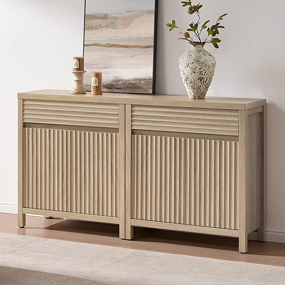 Fluted Buffet Cabinet with Storage - 87" Sideboard with Drawers and Adjustable Shelves