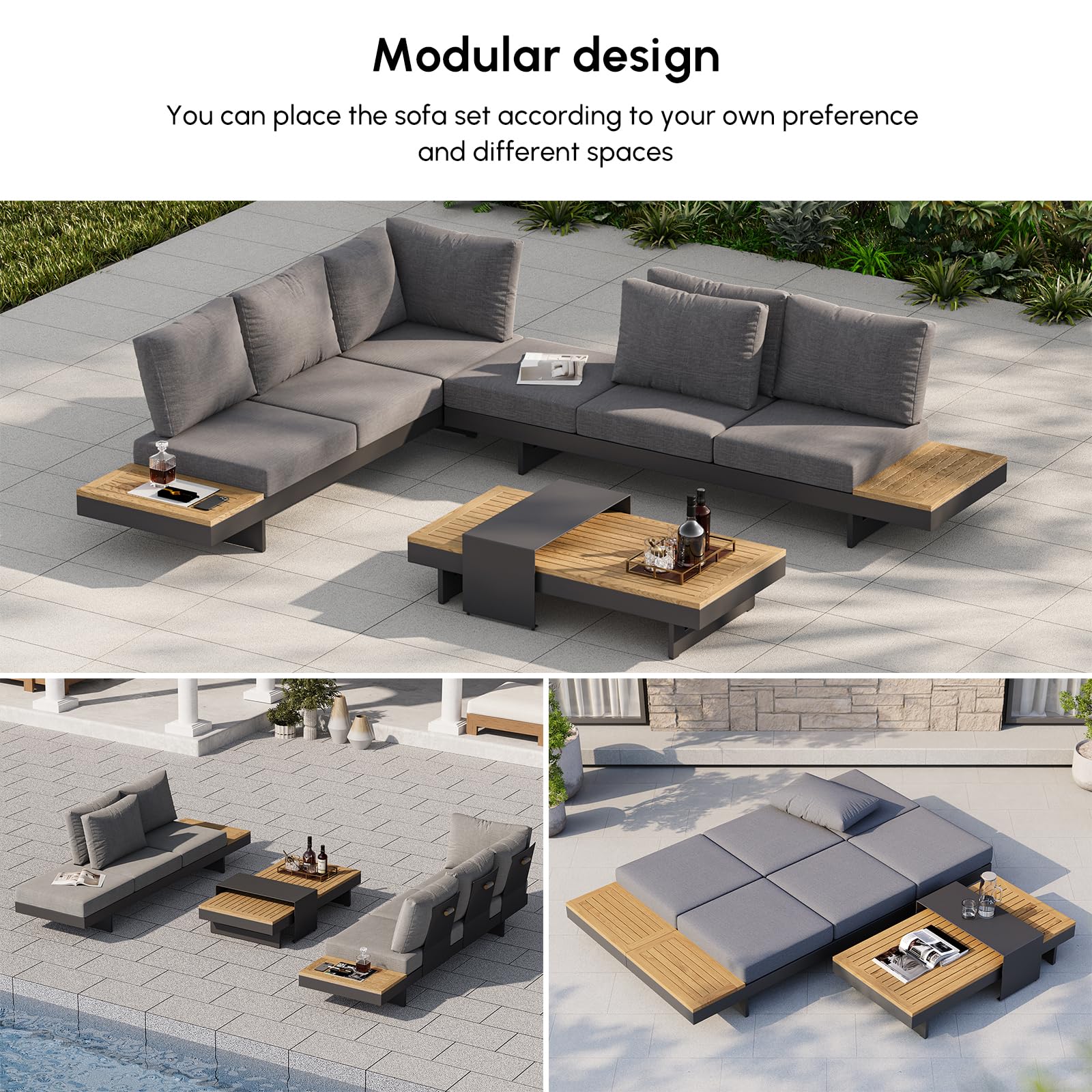 6 Piece Aluminum Teak Patio Sectional Sofa Set with Adjustable Backrests