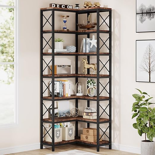 7-Tier Corner Bookshelf with Metal Frame