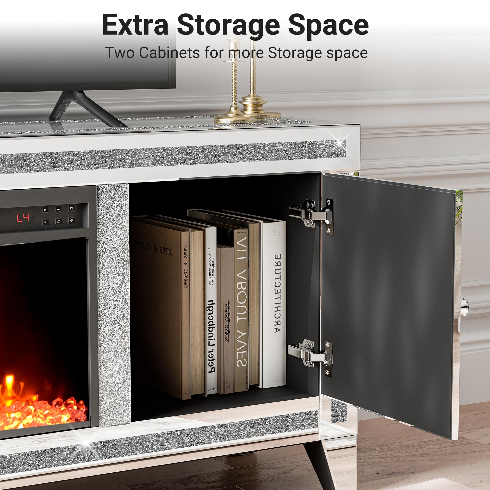 Mirrored Electric Fireplace TV Stand with Storage