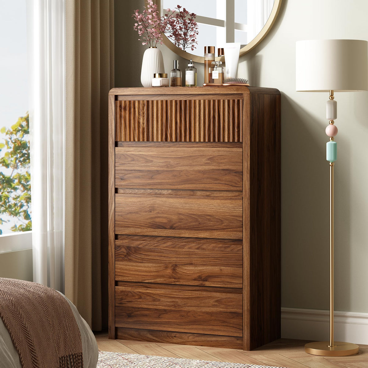 5-Drawer Tall Fluted Dresser with Curved Edges – Walnut Bedroom Chest of Drawers, 48"