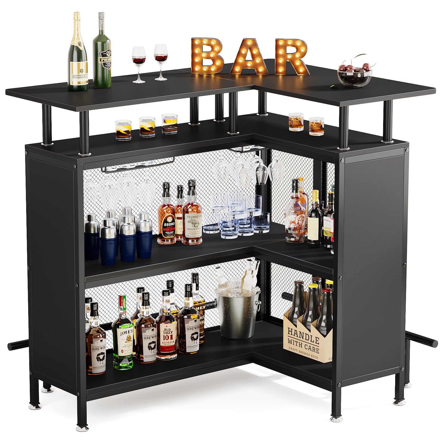 L-Shaped Bar Table with Stemware Racks and Storage Shelves