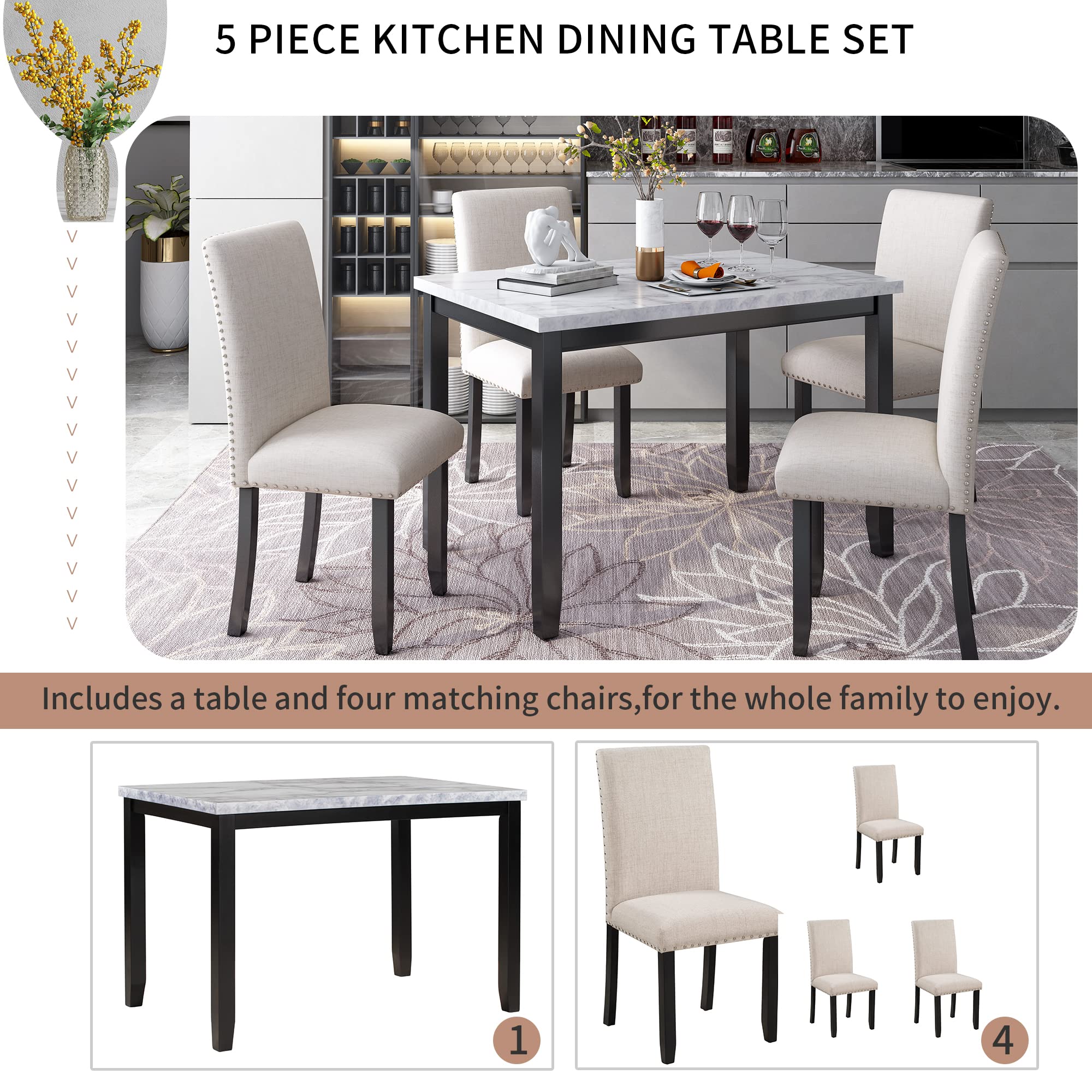 5-Piece Faux Marble Dining Table Set with Upholstered Chairs