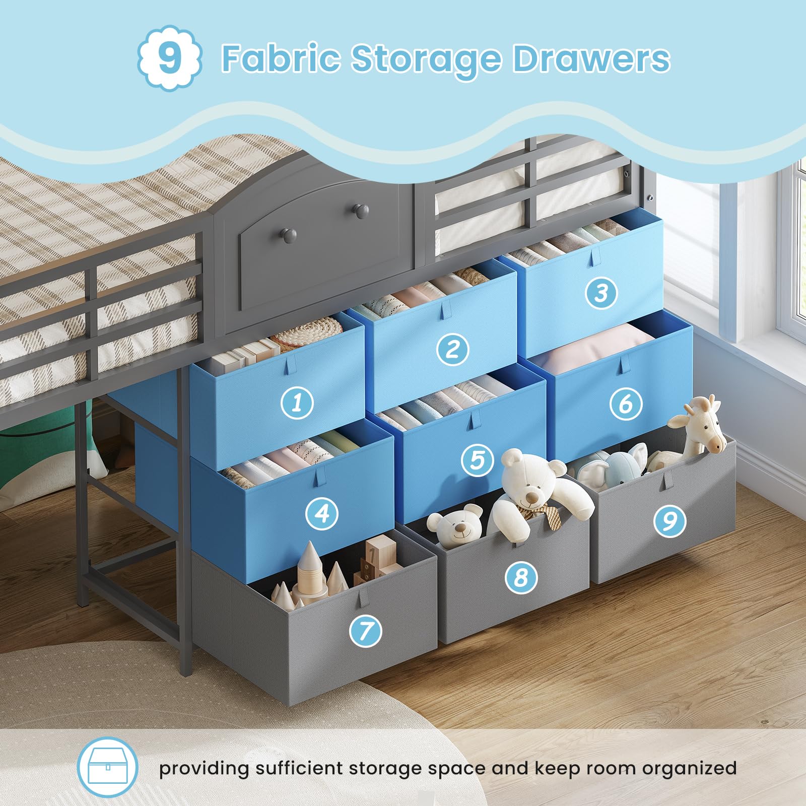 Low Loft Bed Twin Size with 9 Storage Drawers and LED Lights