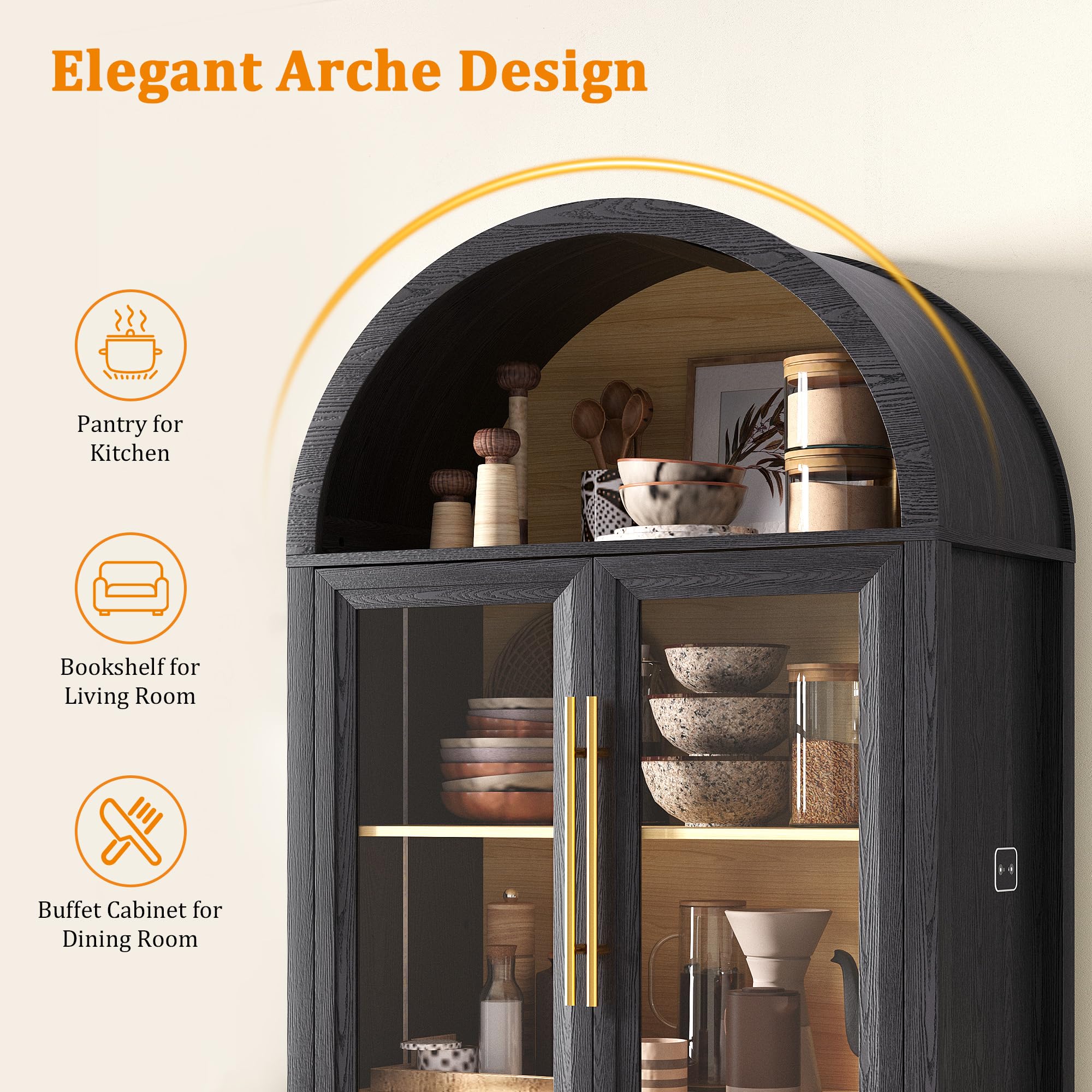 Arched Kitchen Pantry Cabinet with Glass Doors and LED Lights